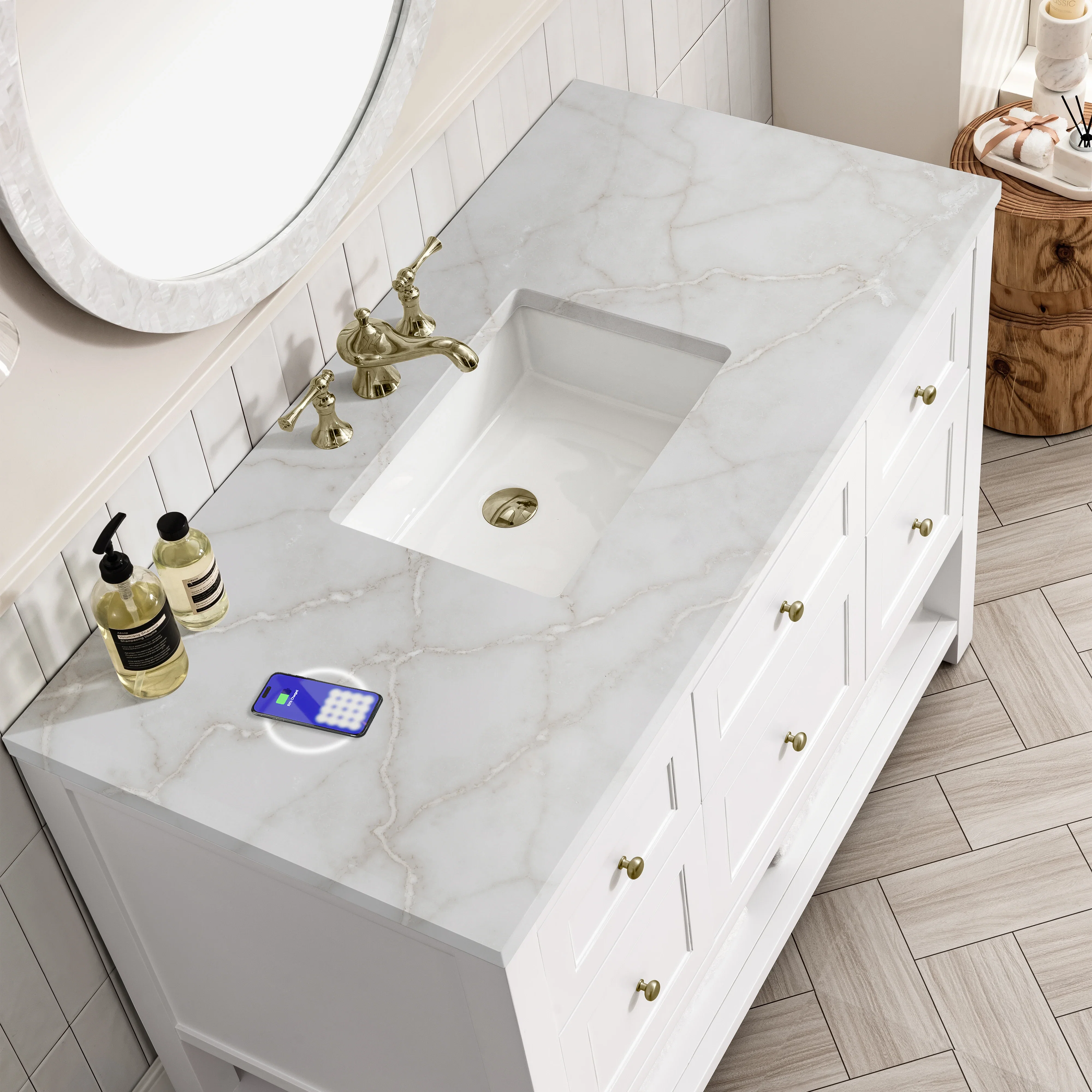 Breckenridge 48" Single Vanity, Bright White w/ 3 CM Victorian Silver Top w/FreePower Wireless Charger