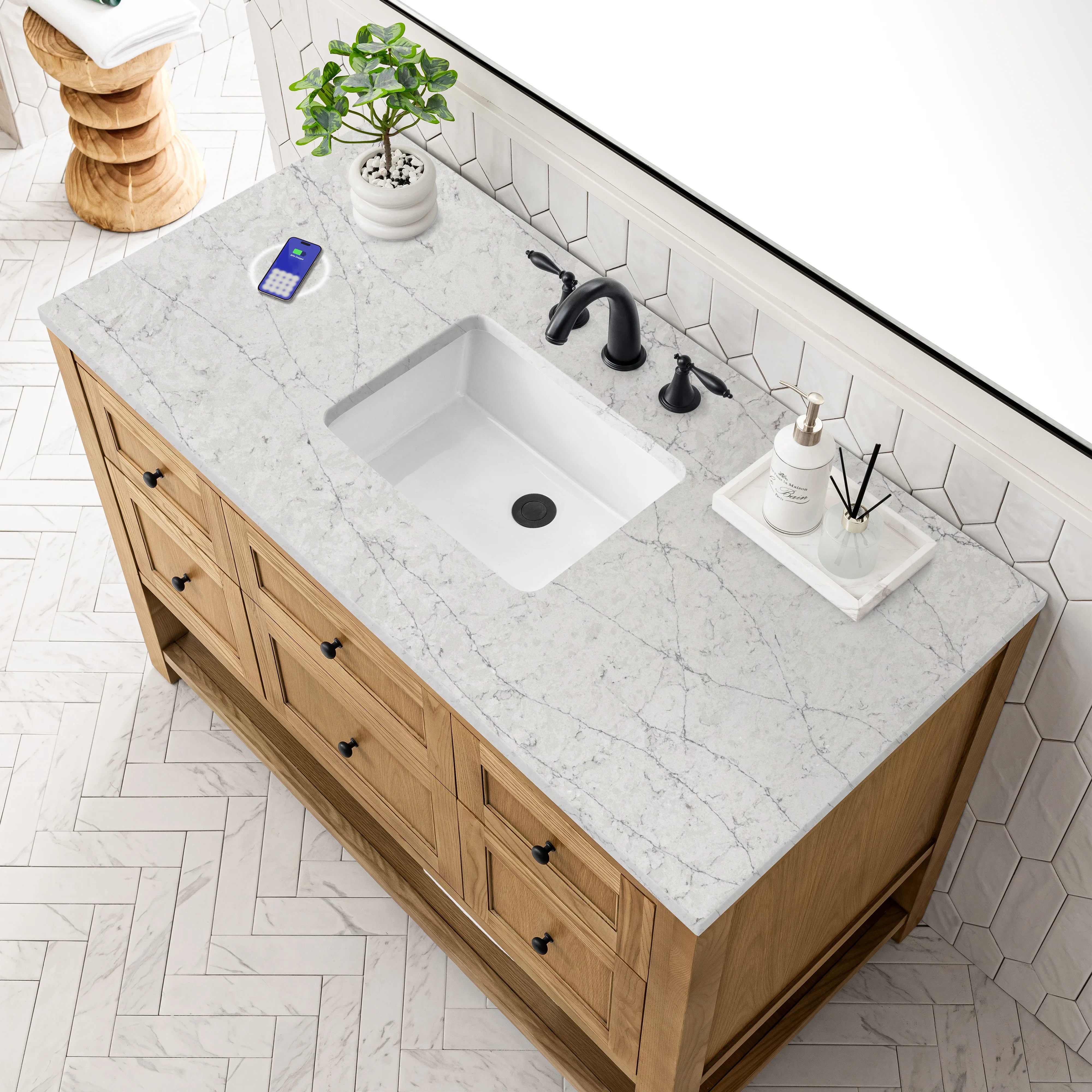Breckenridge 48" Single Vanity, Light Natural Oak w/ 3 CM Eternal Jasmine Pearl Top w/FreePower Wireless Charger