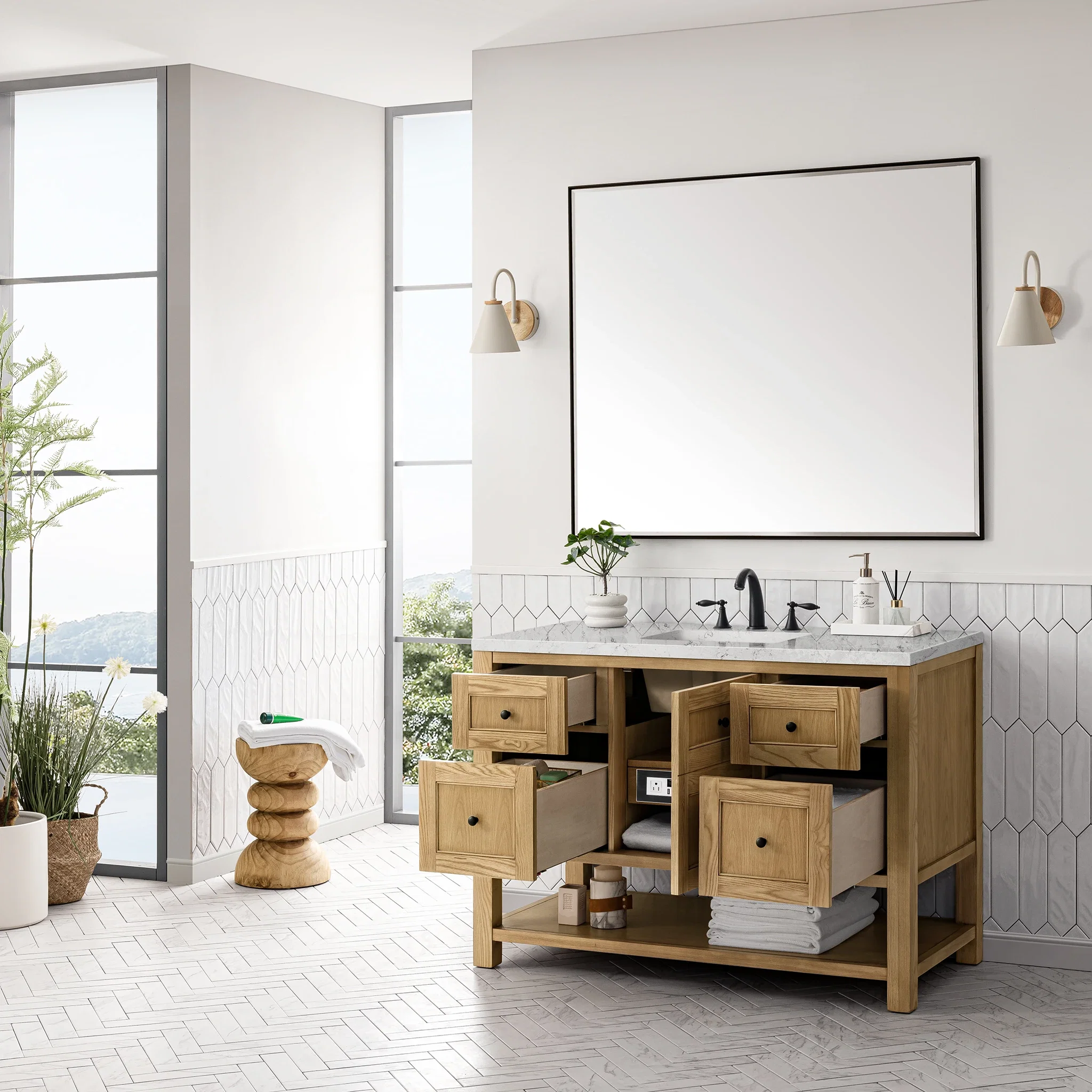 Breckenridge 48" Single Vanity, Light Natural Oak w/ 3 CM Eternal Jasmine Pearl Top w/FreePower Wireless Charger