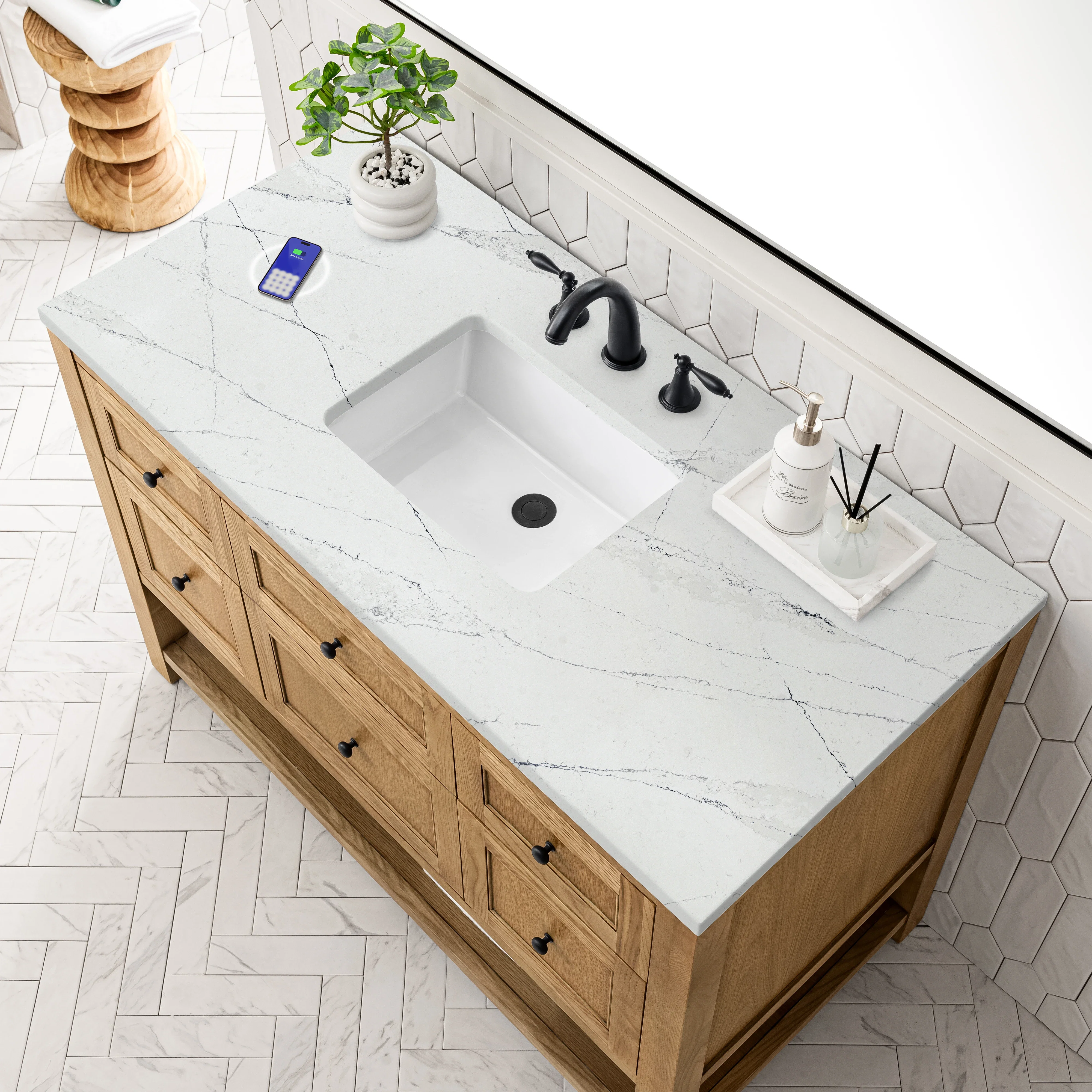 Breckenridge 48" Single Vanity, Light Natural Oak w/ 3 CM Ethereal Noctis Top w/FreePower Wireless Charger