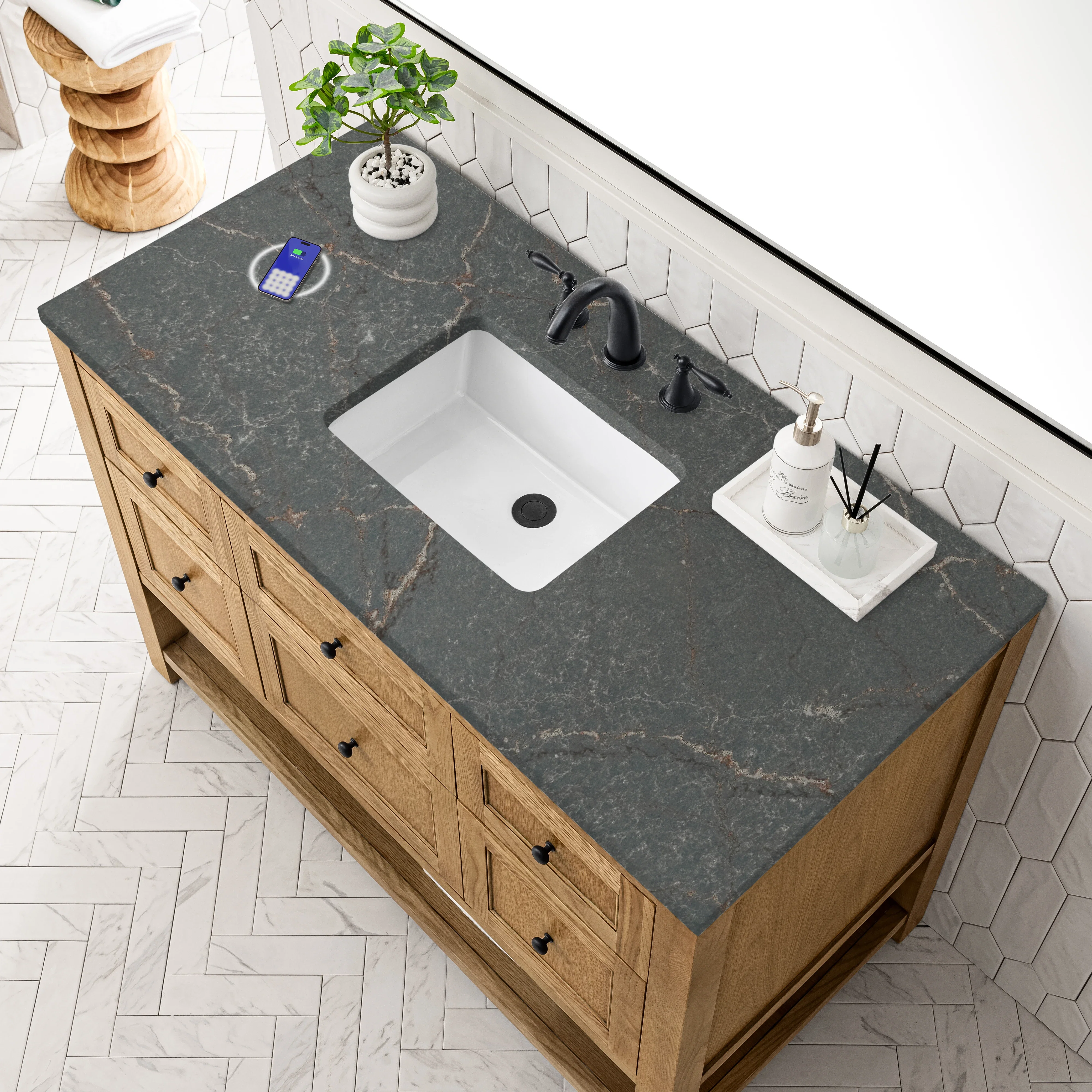 Breckenridge 48" Single Vanity, Light Natural Oak w/ 3 CM Parisien Bleu Top w/FreePower Wireless Charger