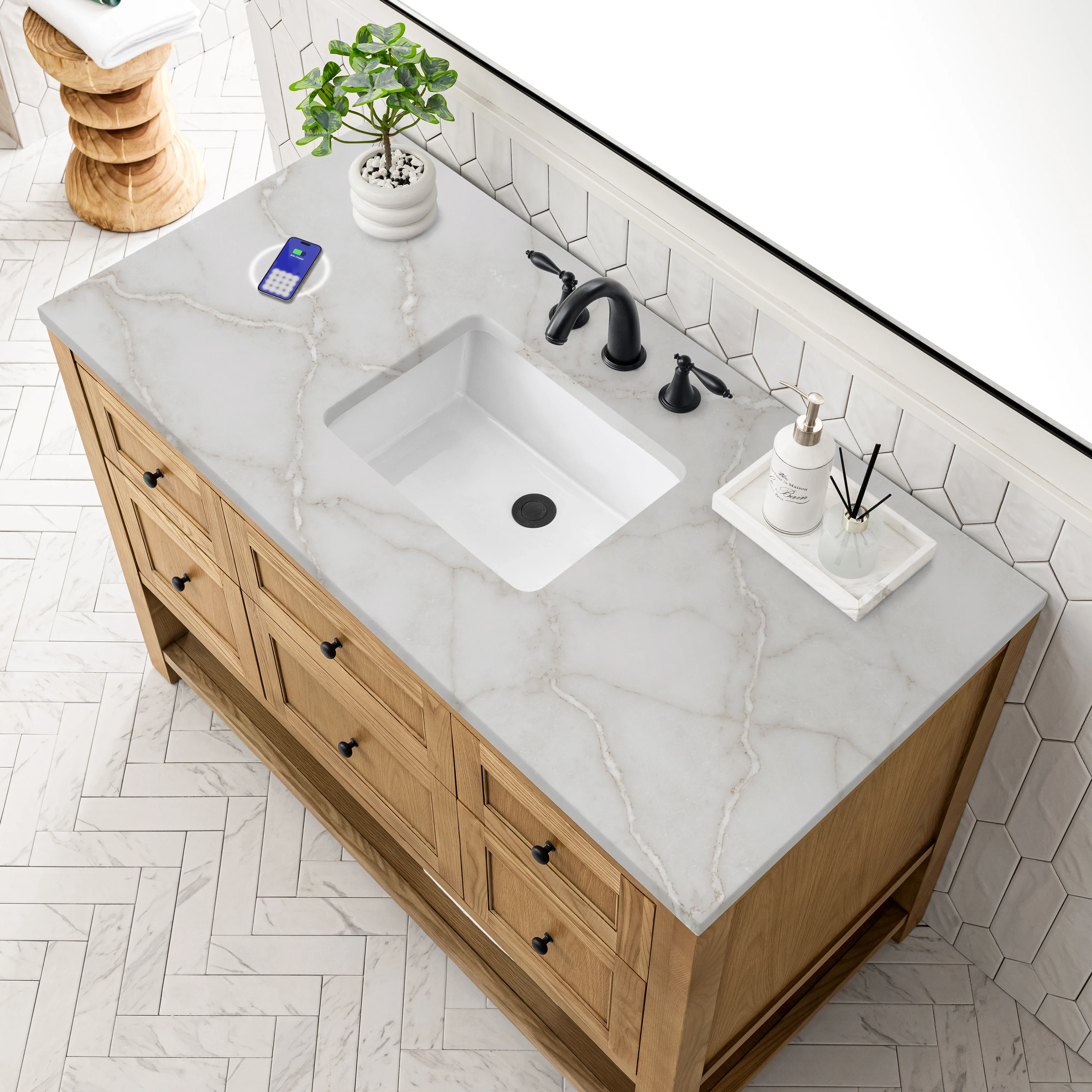 Breckenridge 48" Single Vanity, Light Natural Oak w/ 3 CM Victorian Silver Top w/FreePower Wireless Charger