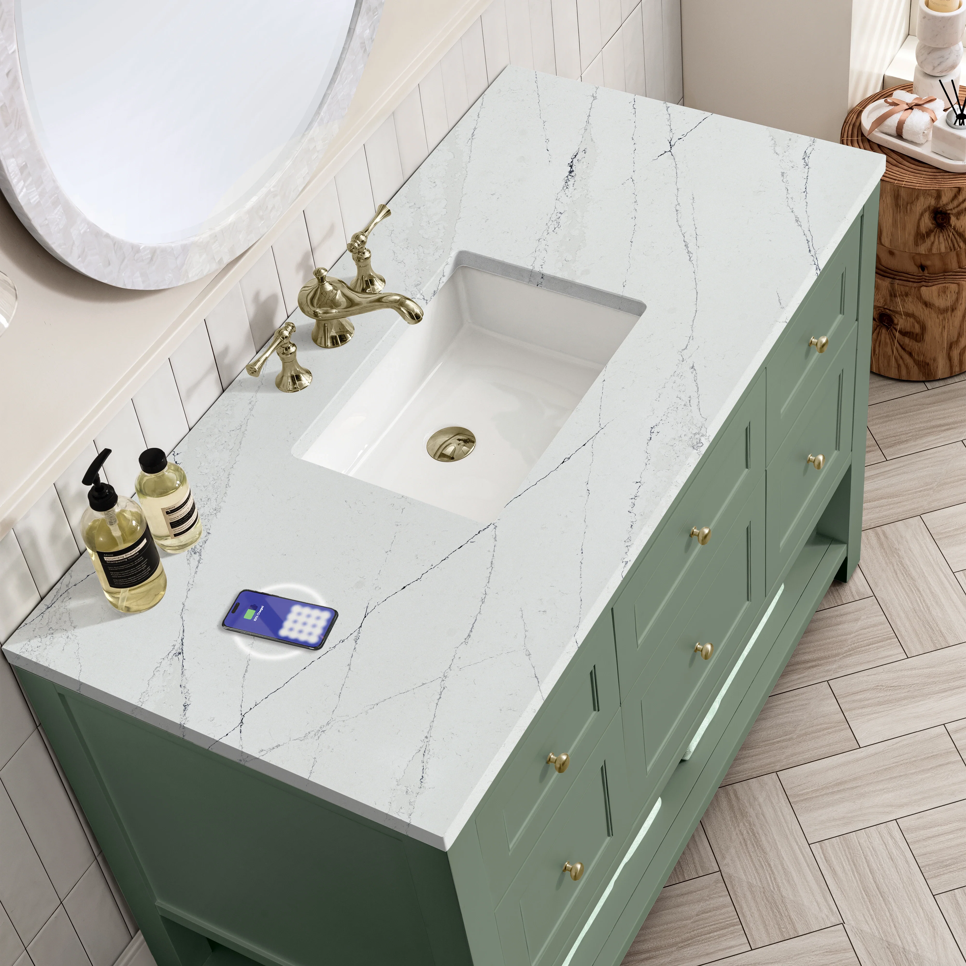 Breckenridge 48" Single Vanity, Smokey Celadon w/ 3 CM Ethereal Noctis Top w/FreePower Wireless Charger