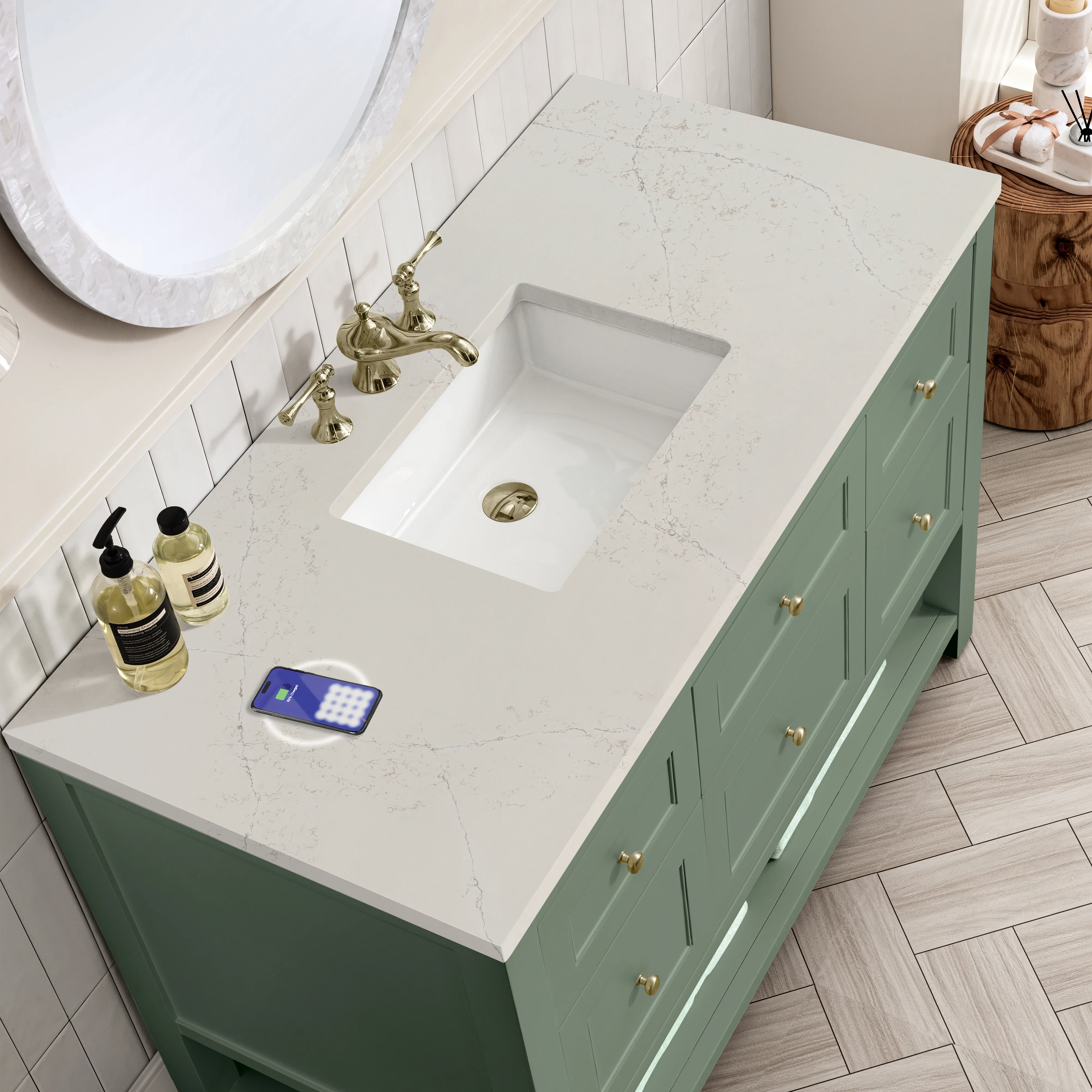 Breckenridge 48" Single Vanity, Smokey Celadon, w/ 3 CM Siberian Silestone Top w/FreePower Wireless Charger