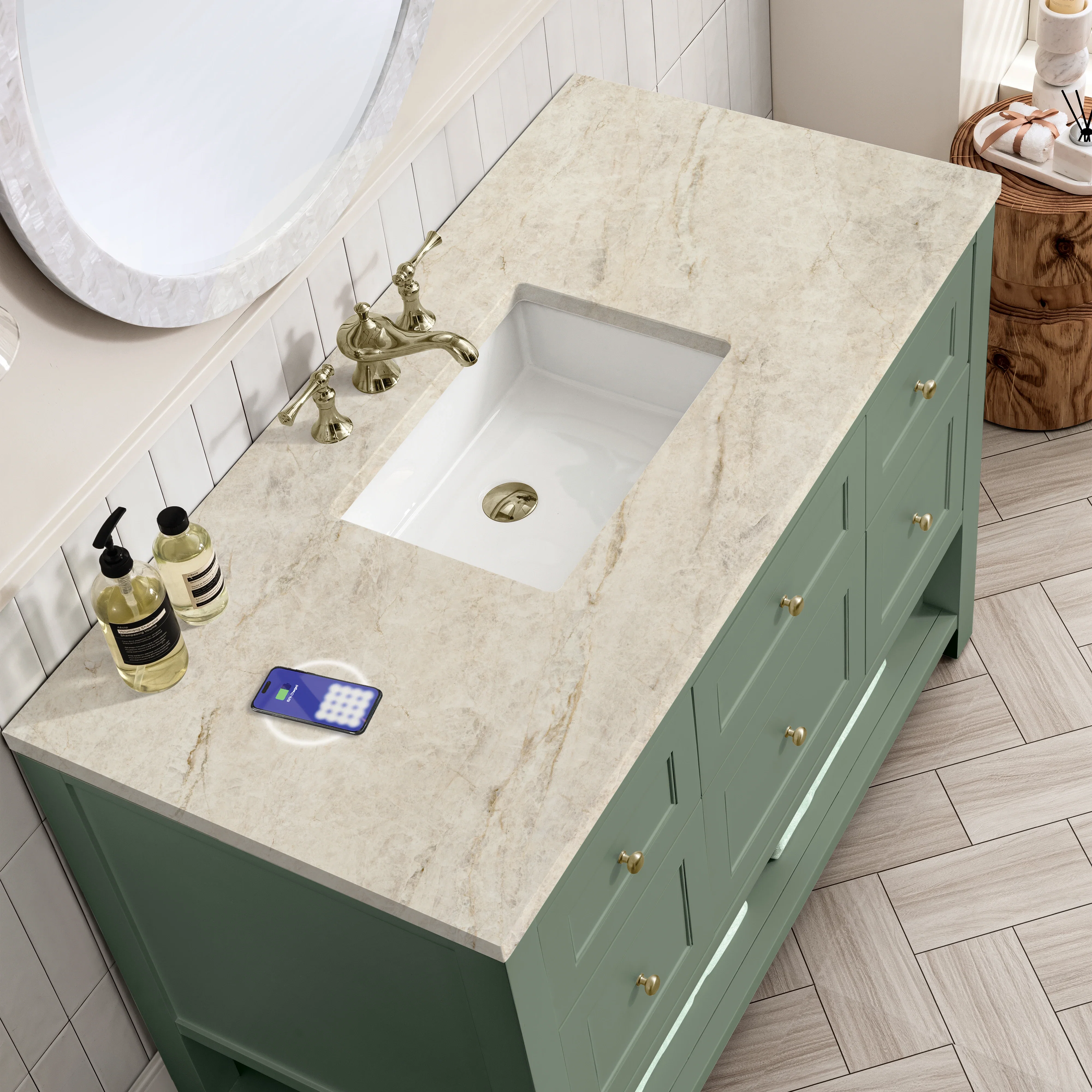 Breckenridge 48" Single Vanity, Smokey Celadon, w/ 3 CM Tajnar Eclos Top w/FreePower Wireless Charger
