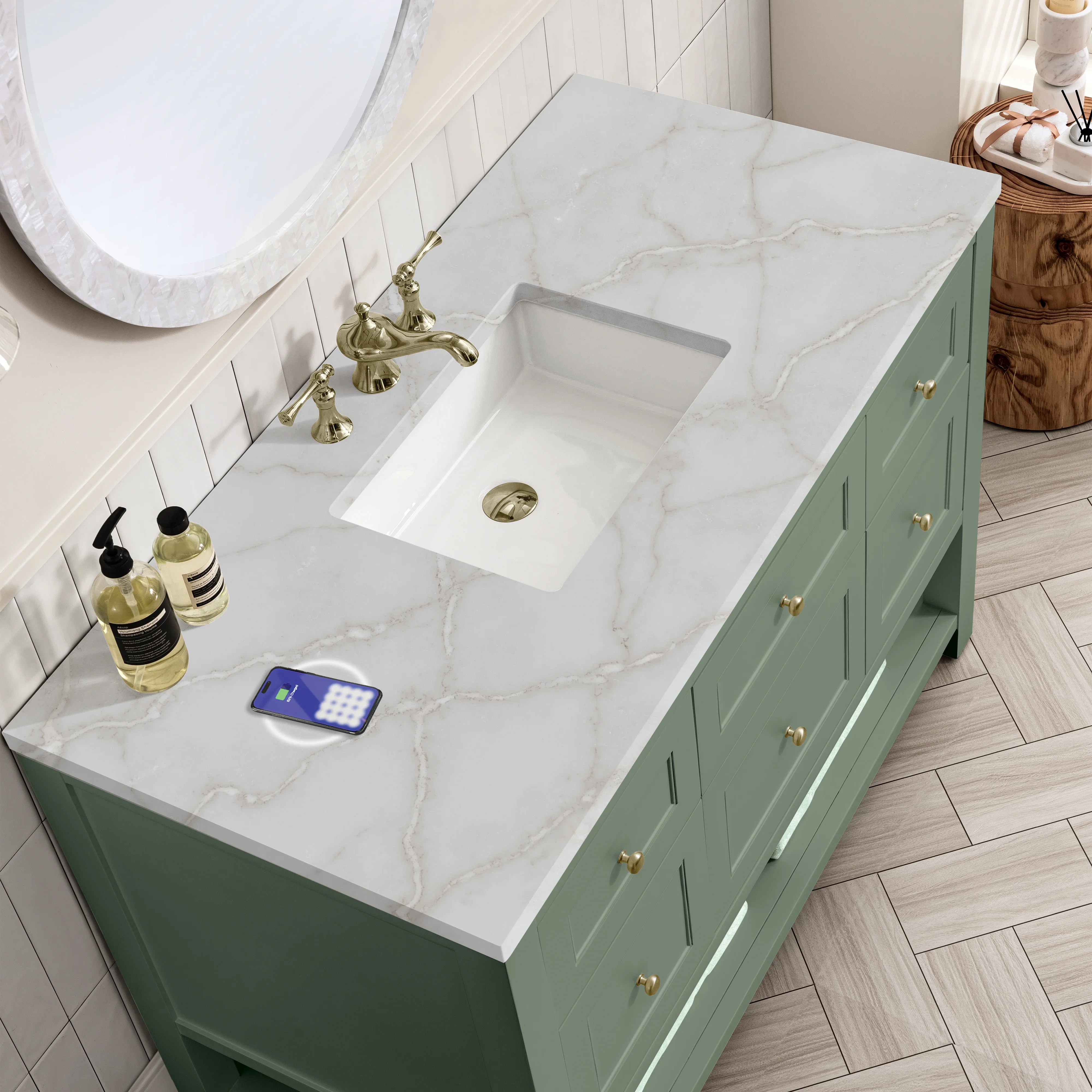 Breckenridge 48" Single Vanity, Smokey Celadon w/ 3 CM Victorian Silver Top w/FreePower Wireless Charger