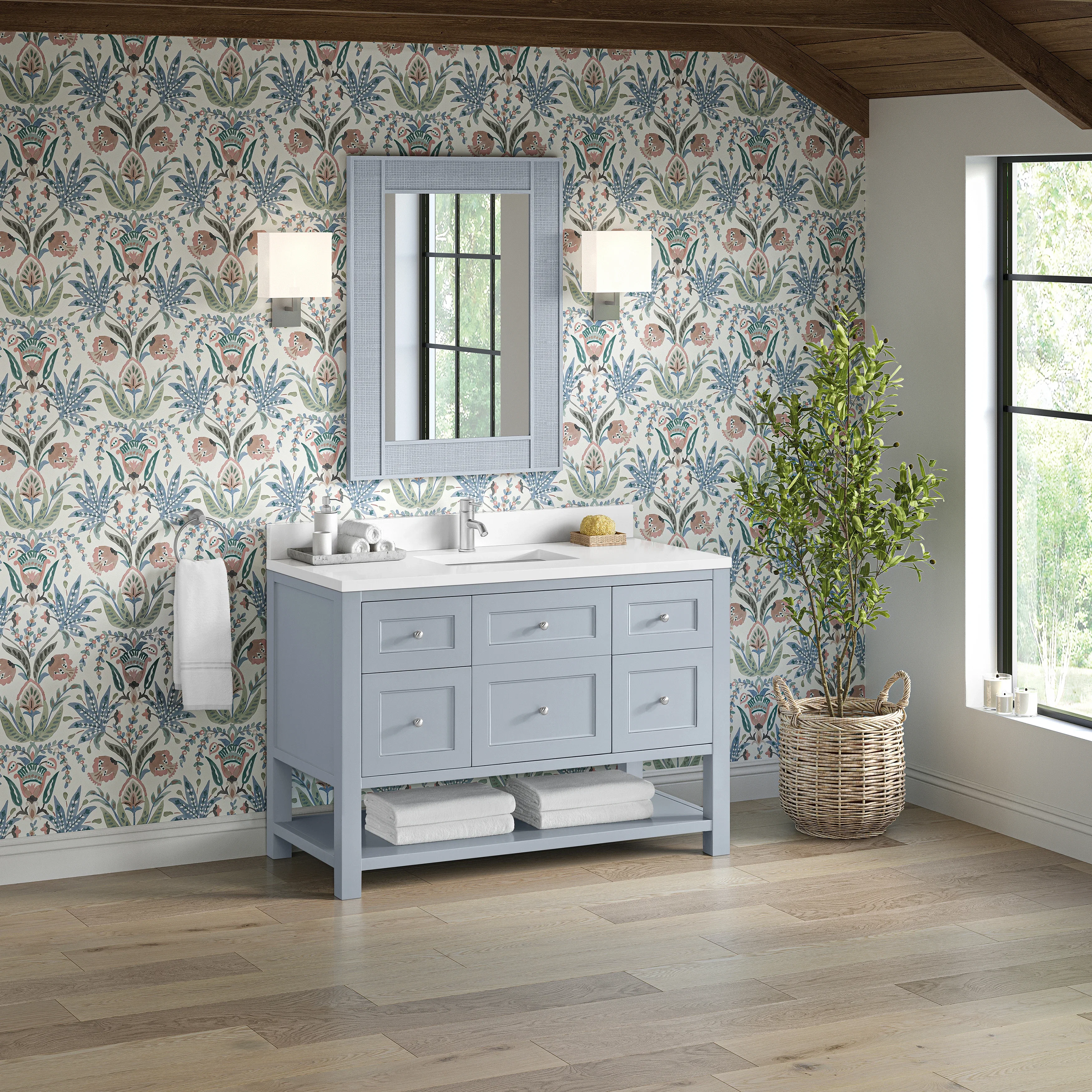 Breckenridge 48" Single Vanity, Serenity Blue, w/ Single Hole 3 CM White Zeus Quartz Top & Backsplash
