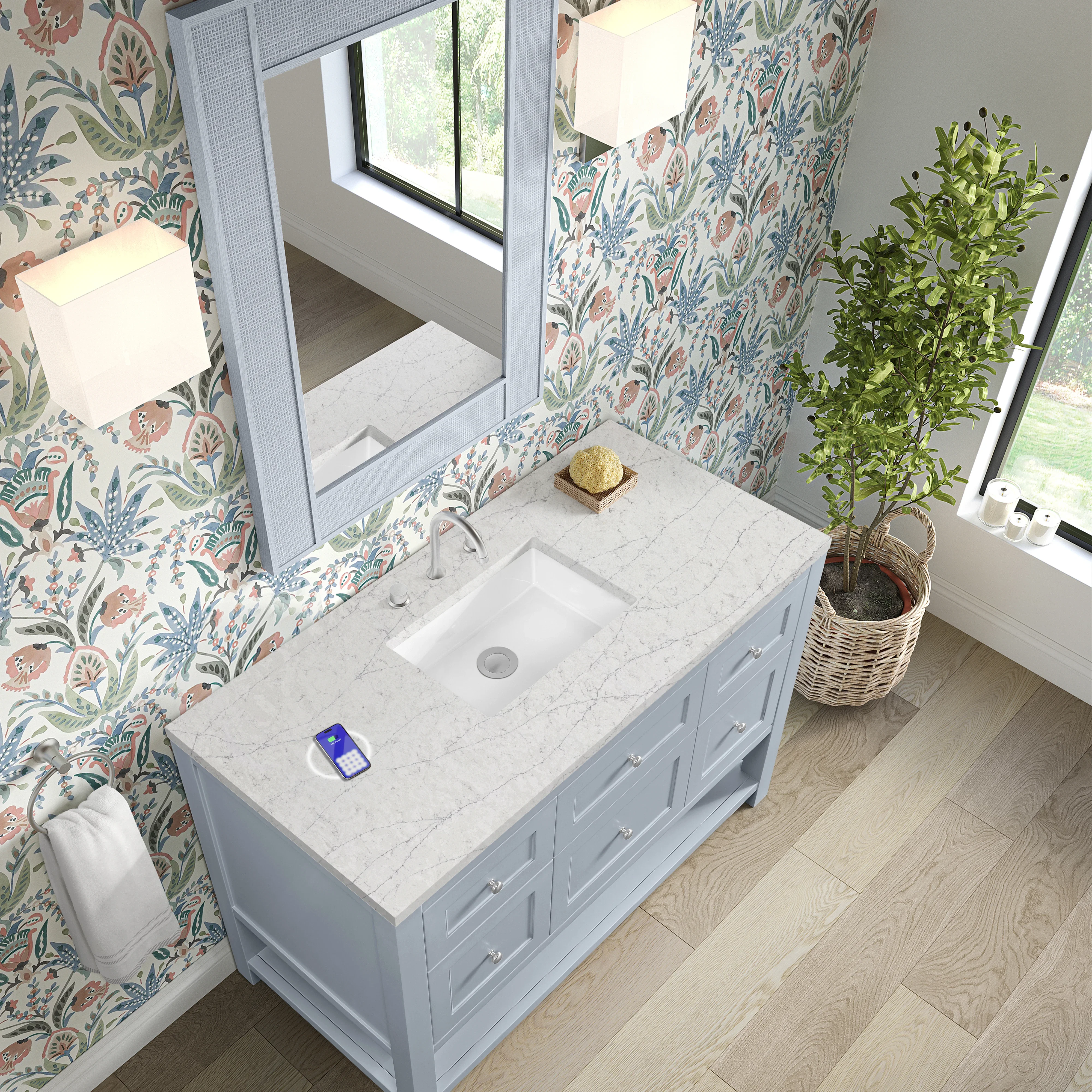 Breckenridge 48" Single Vanity, Serenity Blue, w/ 3 CM Eternal Jasmine Pearl Quartz Top w/FreePower Wireless Charger
