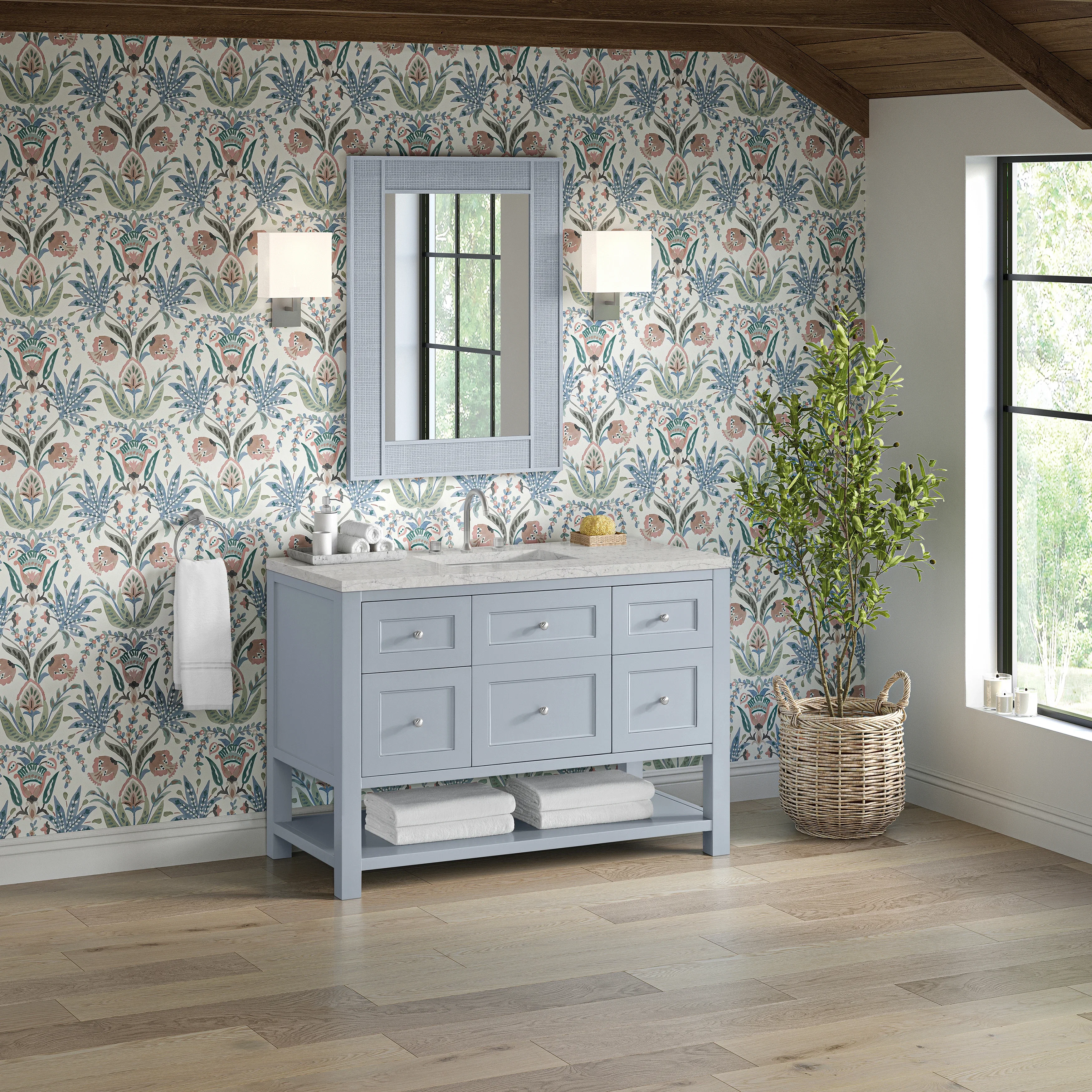 Breckenridge 48" Single Vanity, Serenity Blue, w/ 3 CM Eternal Jasmine Pearl Quartz Top w/FreePower Wireless Charger