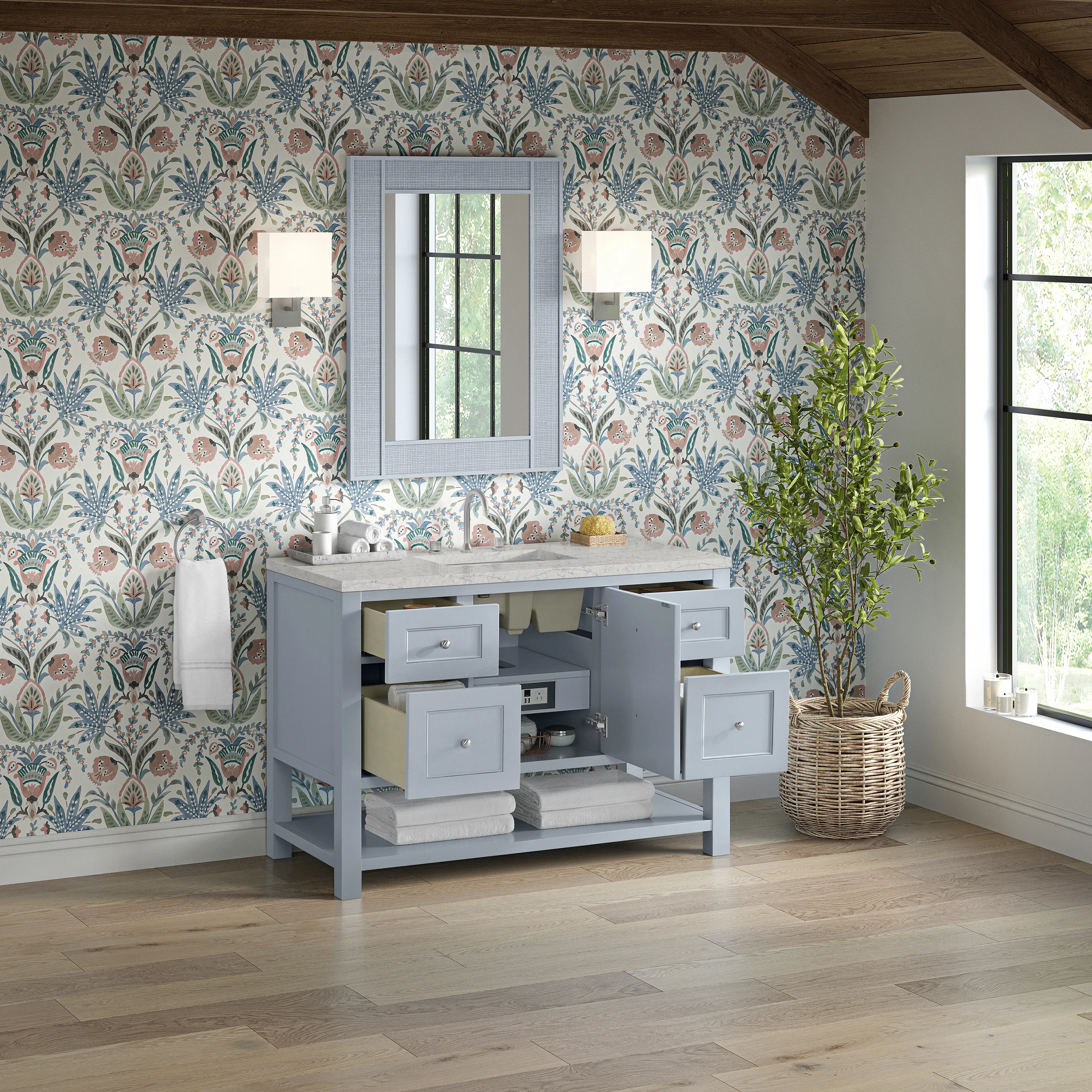 Breckenridge 48" Single Vanity, Serenity Blue, w/ 3 CM Eternal Jasmine Pearl Quartz Top w/FreePower Wireless Charger
