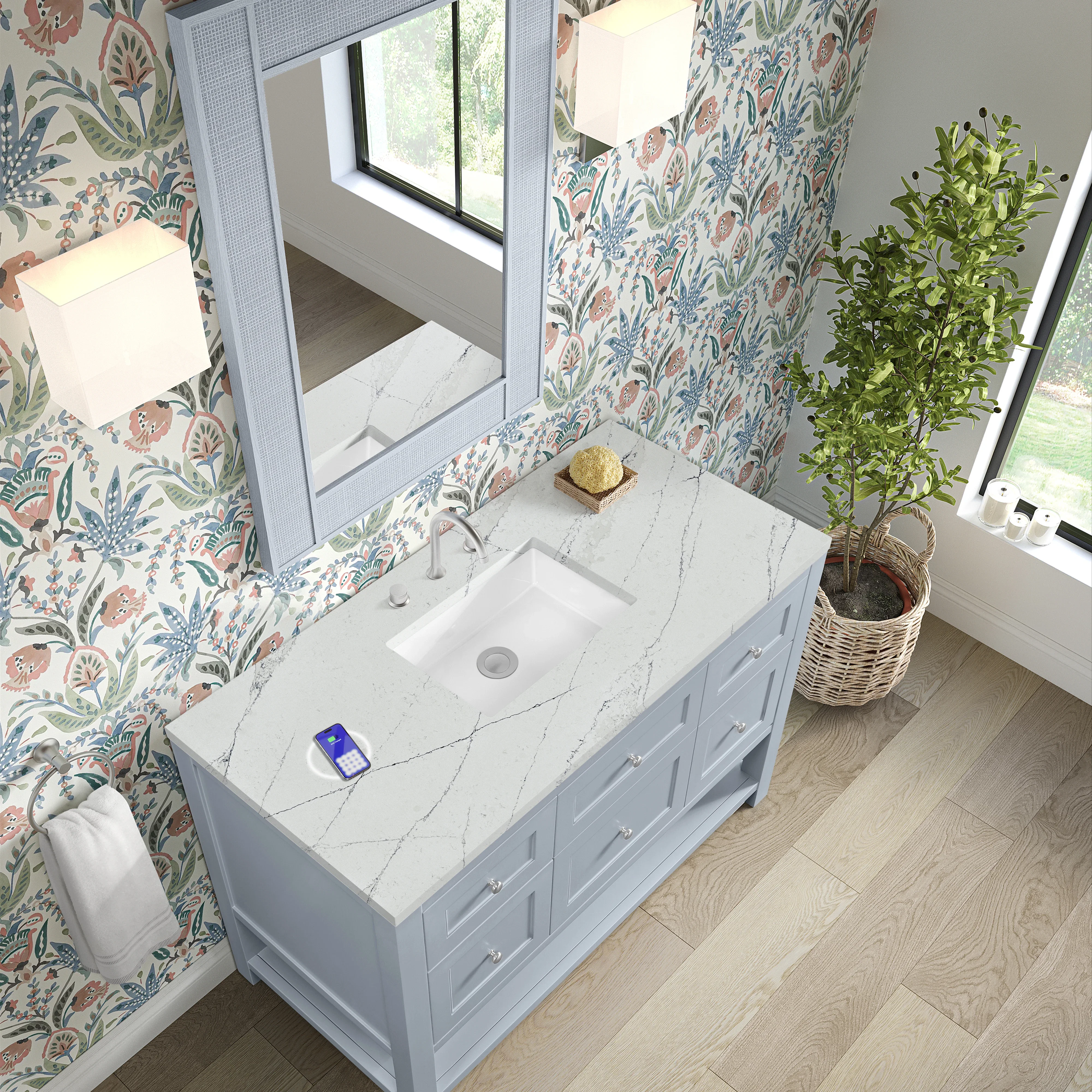 Breckenridge 48" Single Vanity, Serenity Blue, w/ 3 CM Ethereal Noctis Quartz Top w/FreePower Wireless Charger