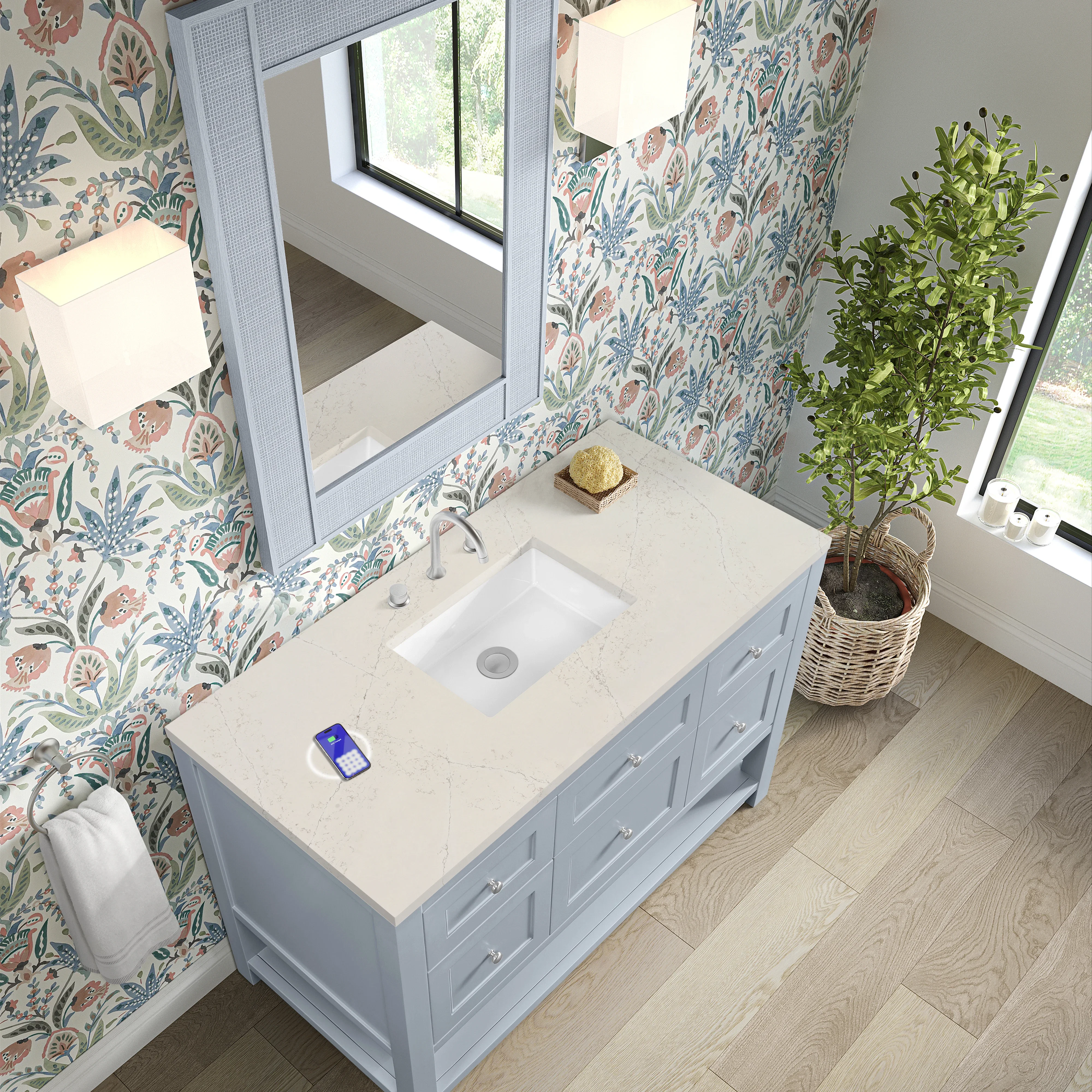 Breckenridge 48" Single Vanity, Serenity Blue, w/ 3 CM Siberian Silestone Top w/FreePower Wireless Charger