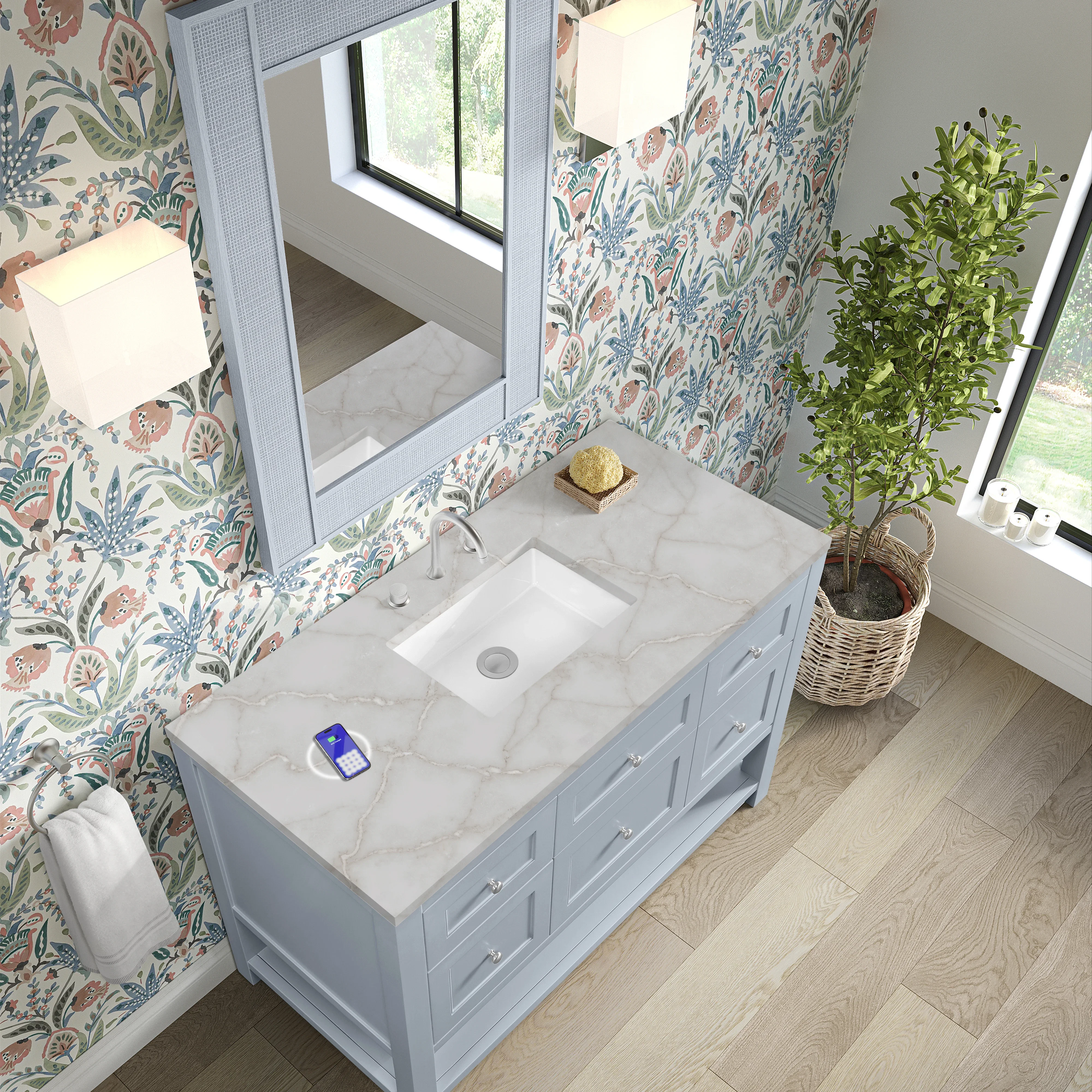 Breckenridge 48" Single Vanity, Serenity Blue, w/ 3 CM Victorian Silver Quartz Top w/FreePower Wireless Charger