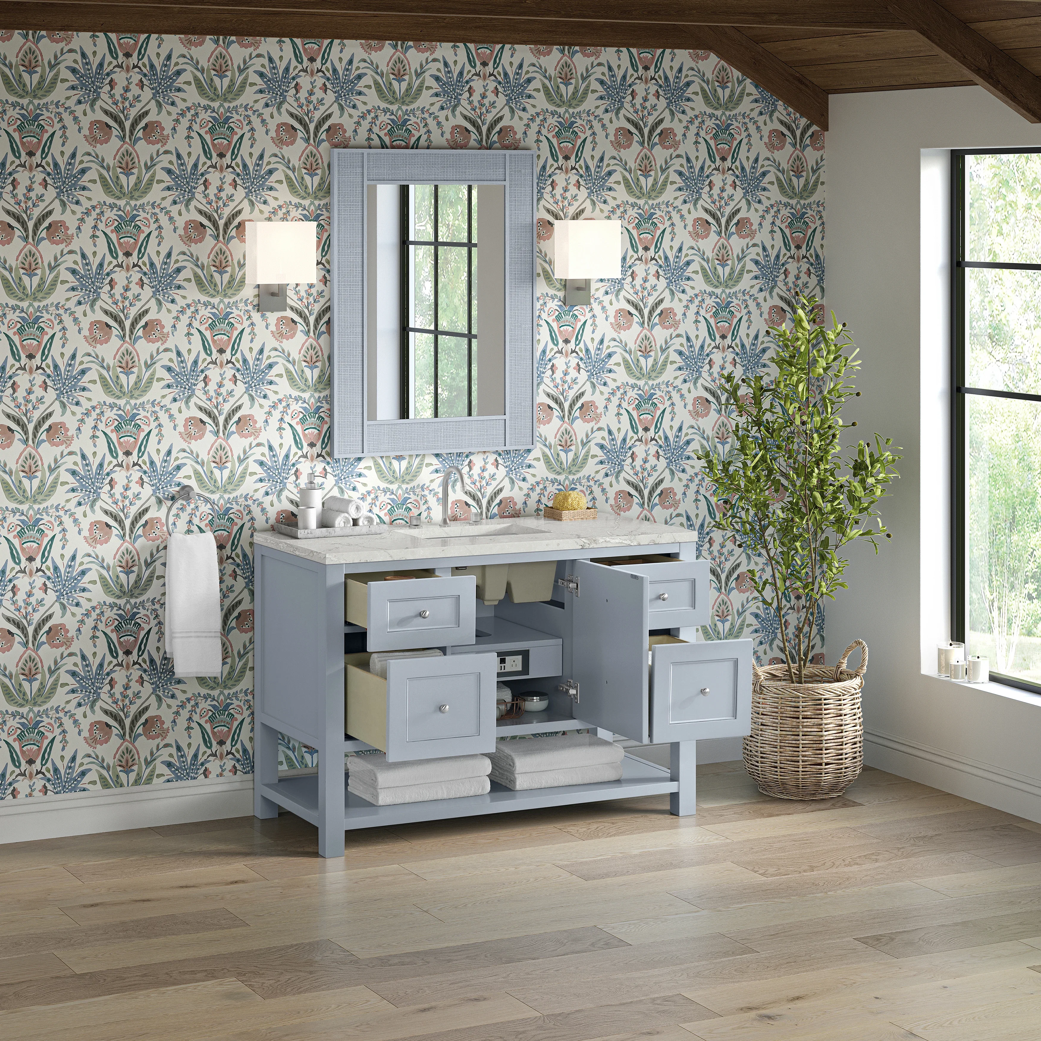 Breckenridge 48" Single Vanity, Serenity Blue, w/ 3 CM Victorian Silver Quartz Top w/FreePower Wireless Charger