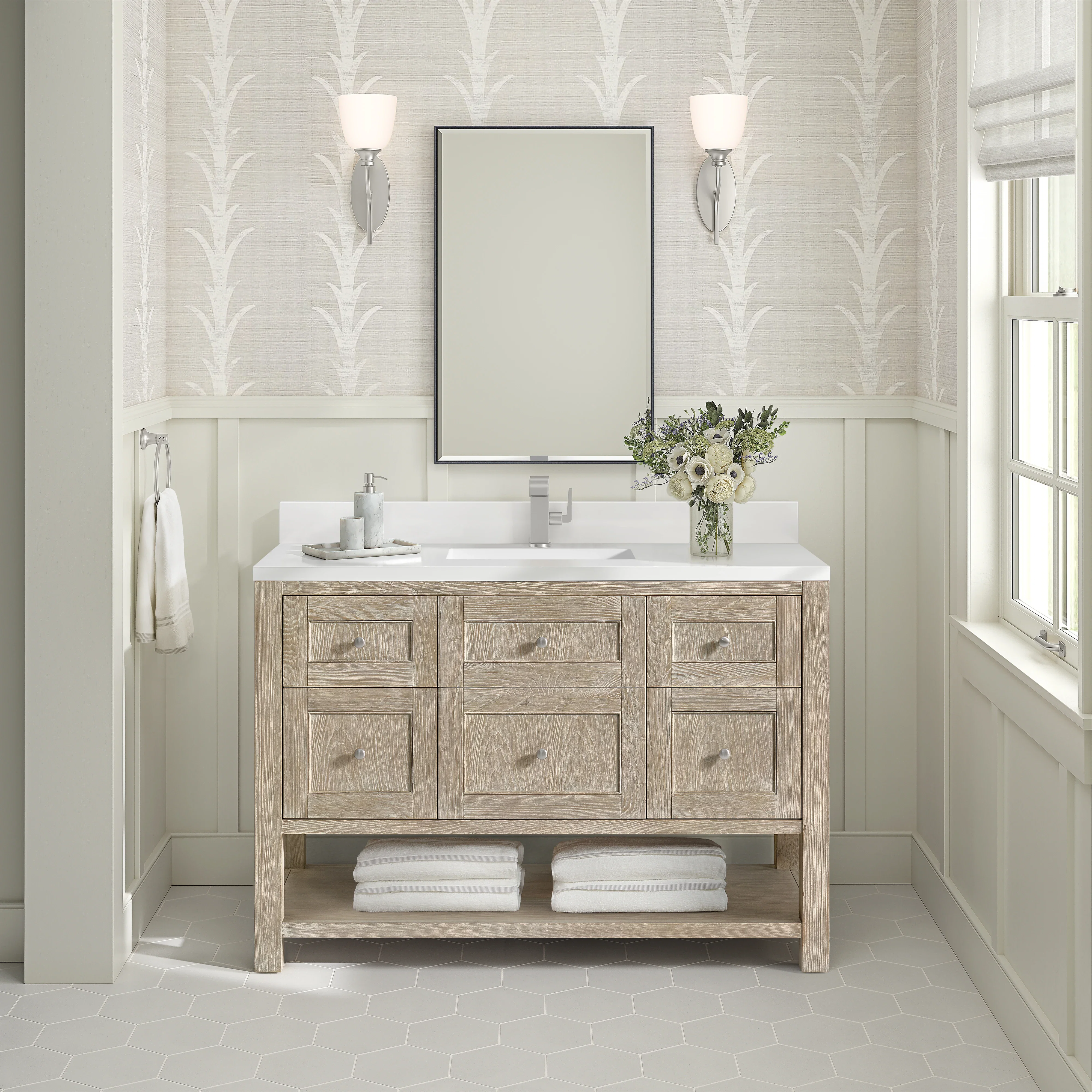 Breckenridge 48" Single Vanity, Whitewashed Oak w/ Single Hole 3CM White Zeus Silestone Top & Backsplash