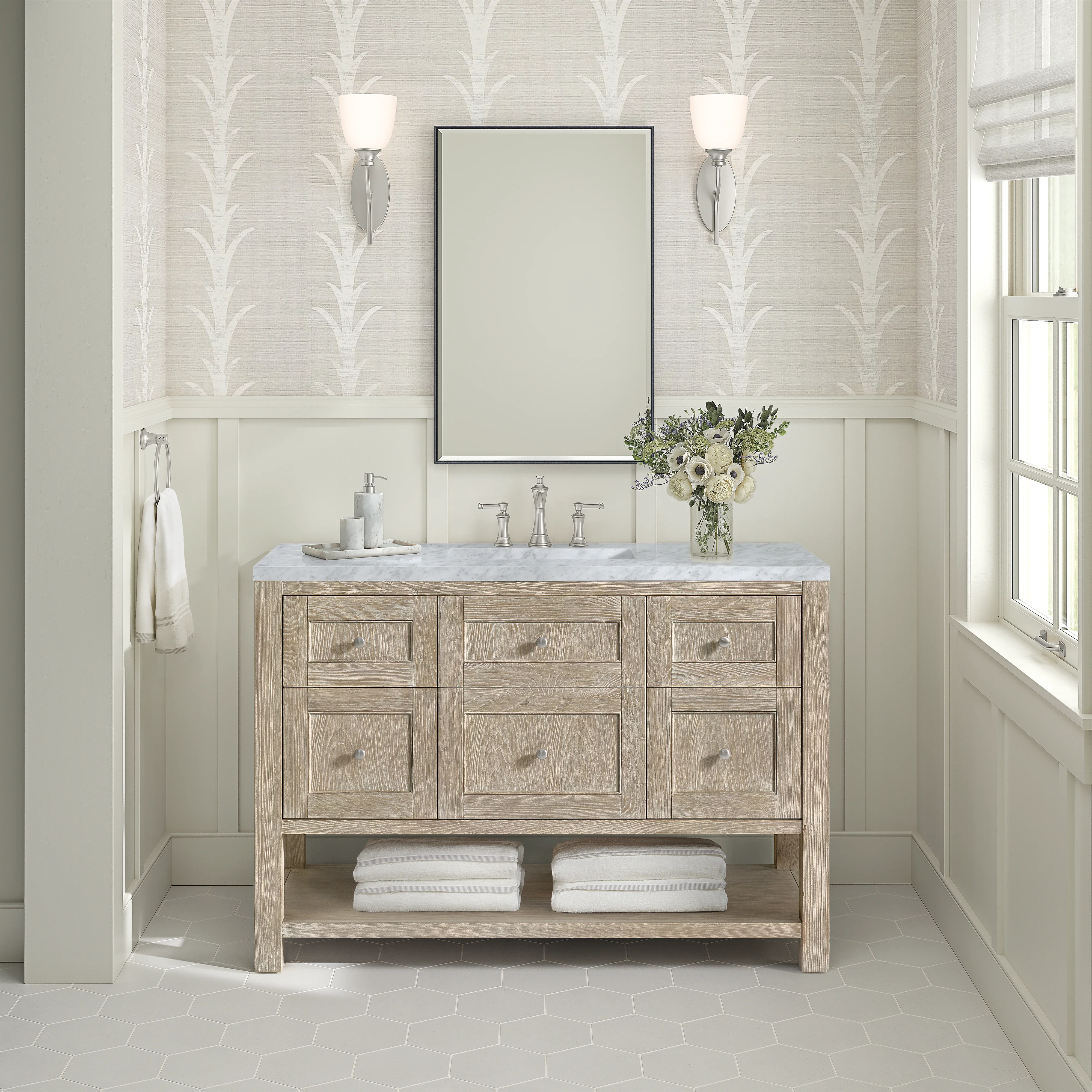 Breckenridge 48" Single Vanity, Whitewashed Oak w/ 3 CM Carrara White Marble Top