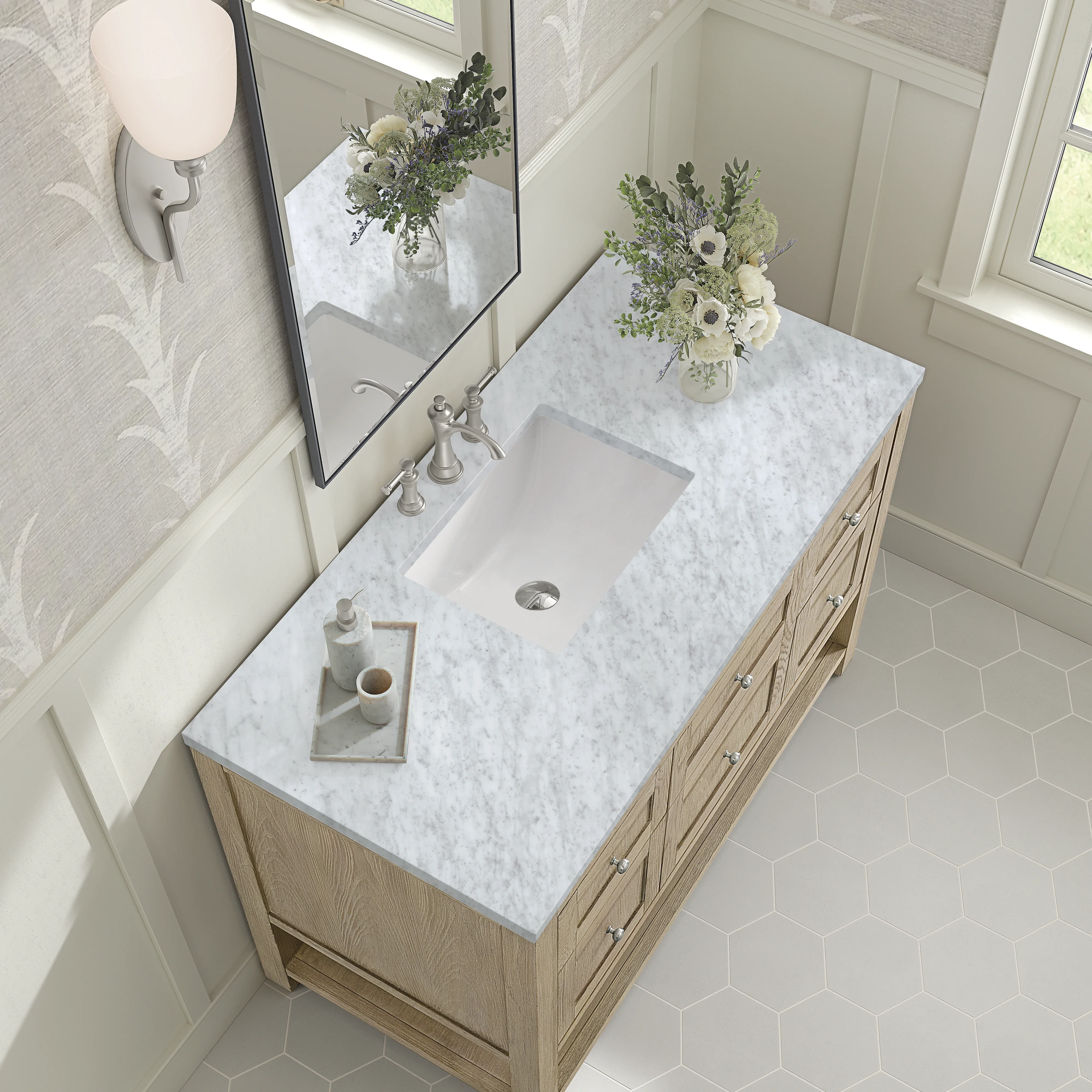 Breckenridge 48" Single Vanity, Whitewashed Oak w/ 3 CM Carrara White Marble Top