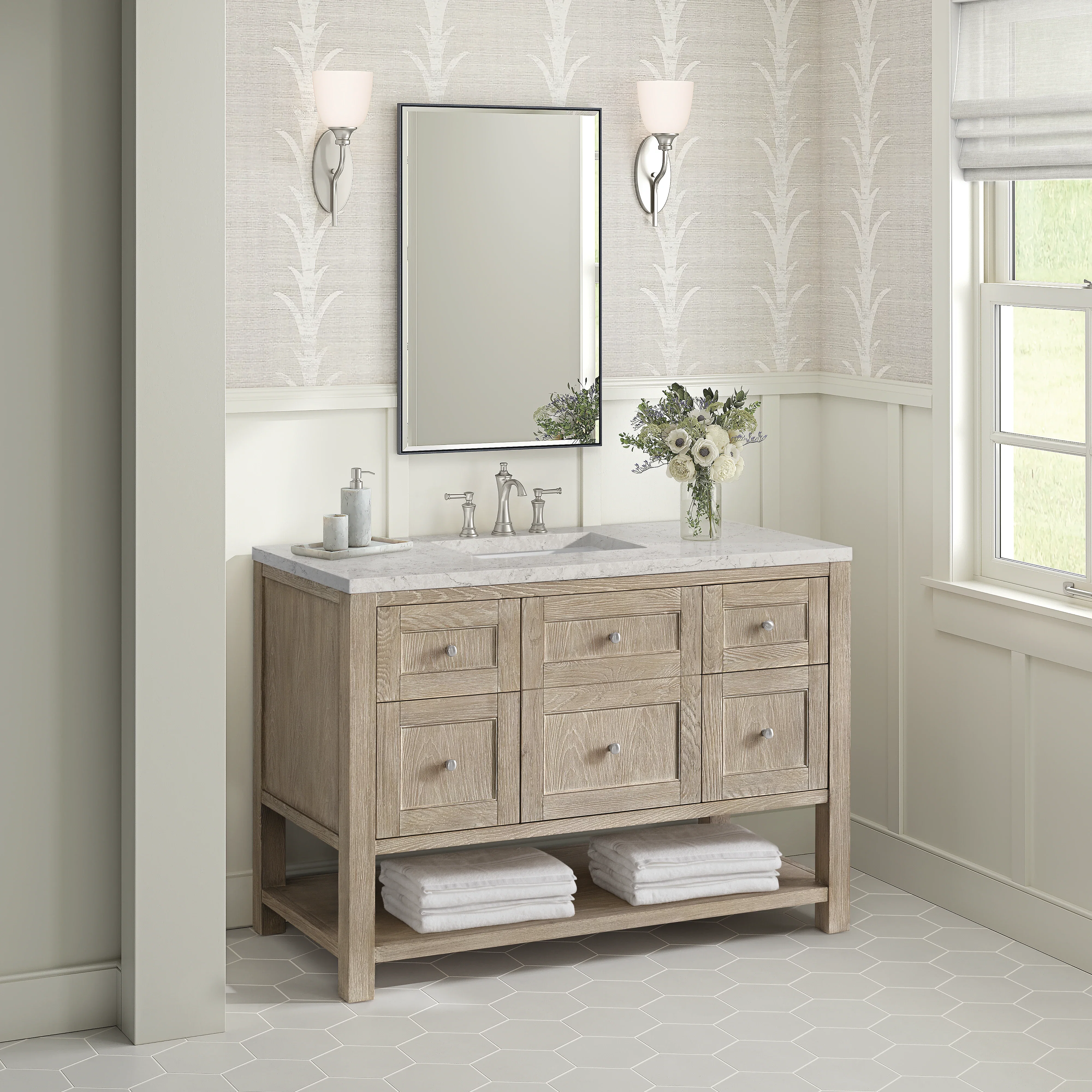 Breckenridge 48" Single Vanity, Whitewashed Oak w/ 3 CM Eternal Jasmine Pearl Silestone Top