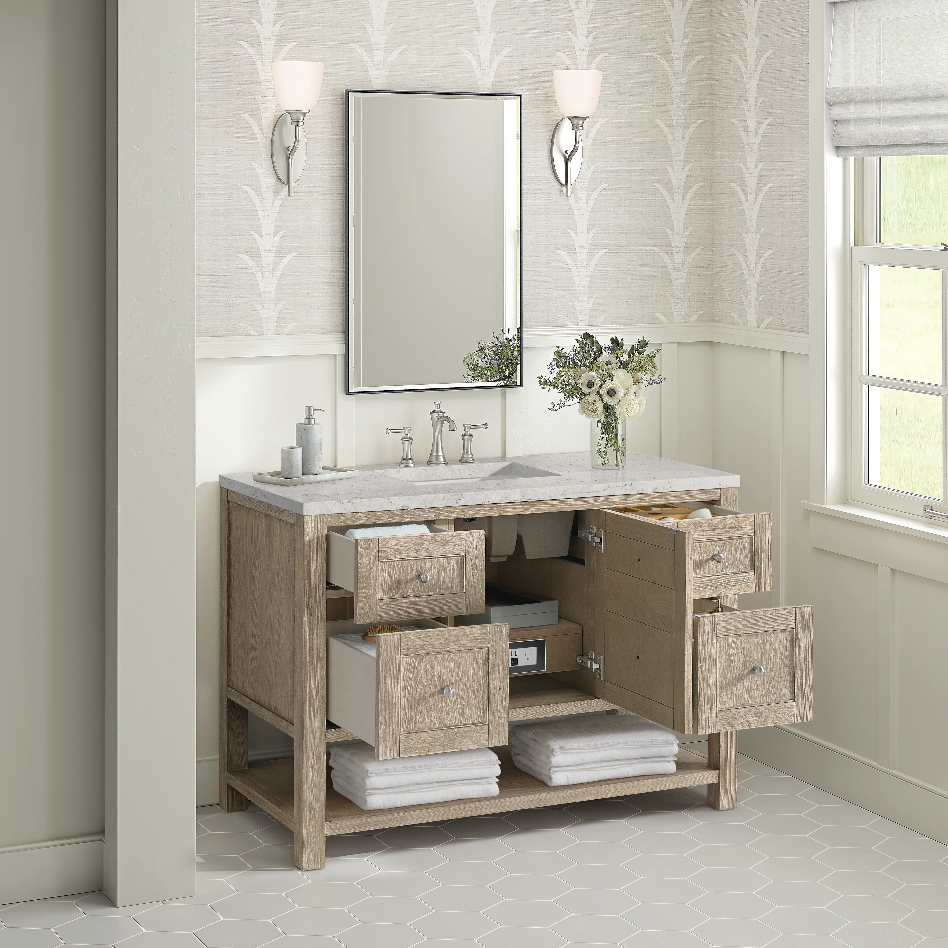 Breckenridge 48" Single Vanity, Whitewashed Oak w/ 3 CM Eternal Jasmine Pearl Silestone Top