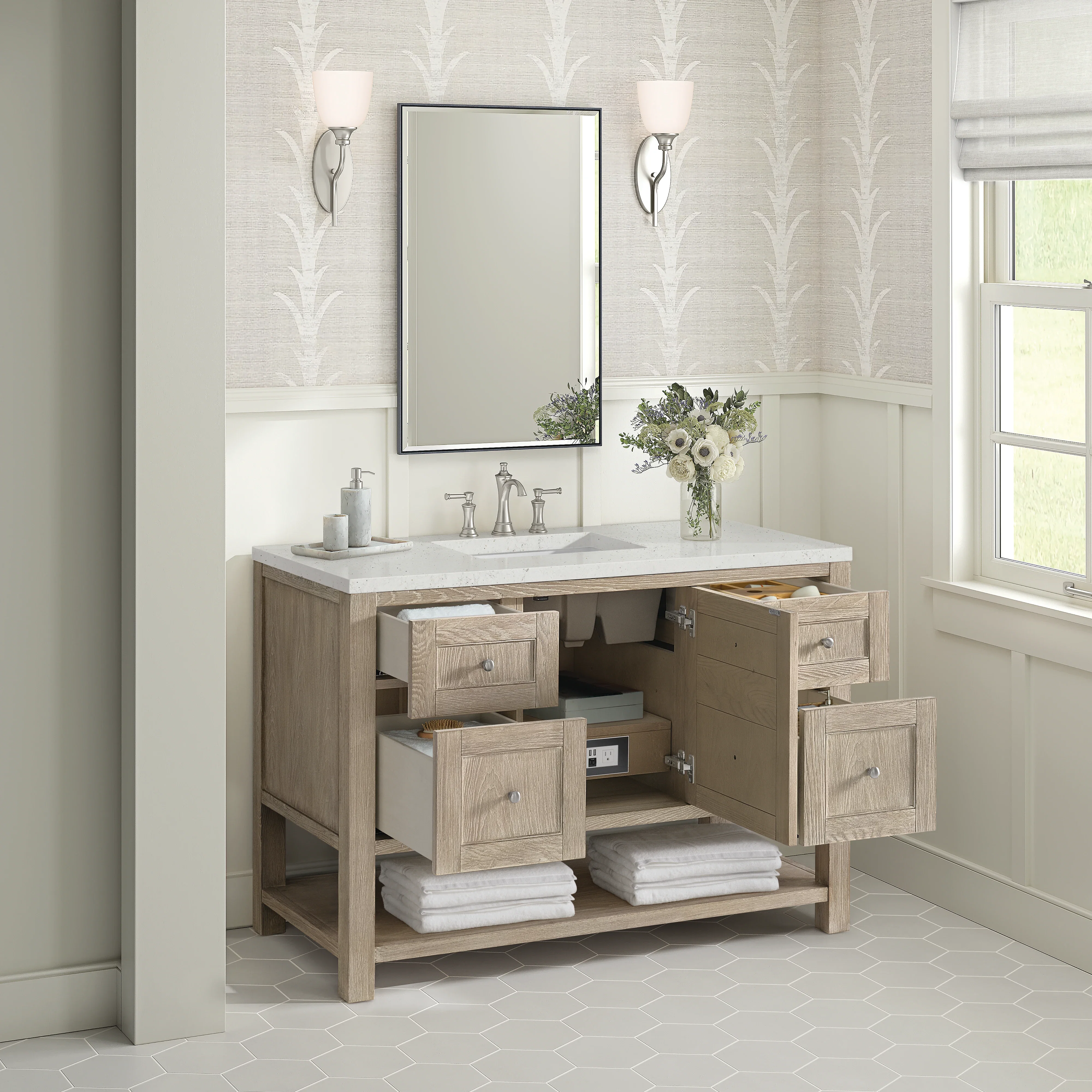 Breckenridge 48" Single Vanity, Whitewashed Oak w/ 3 CM Lime Delight Silestone Top