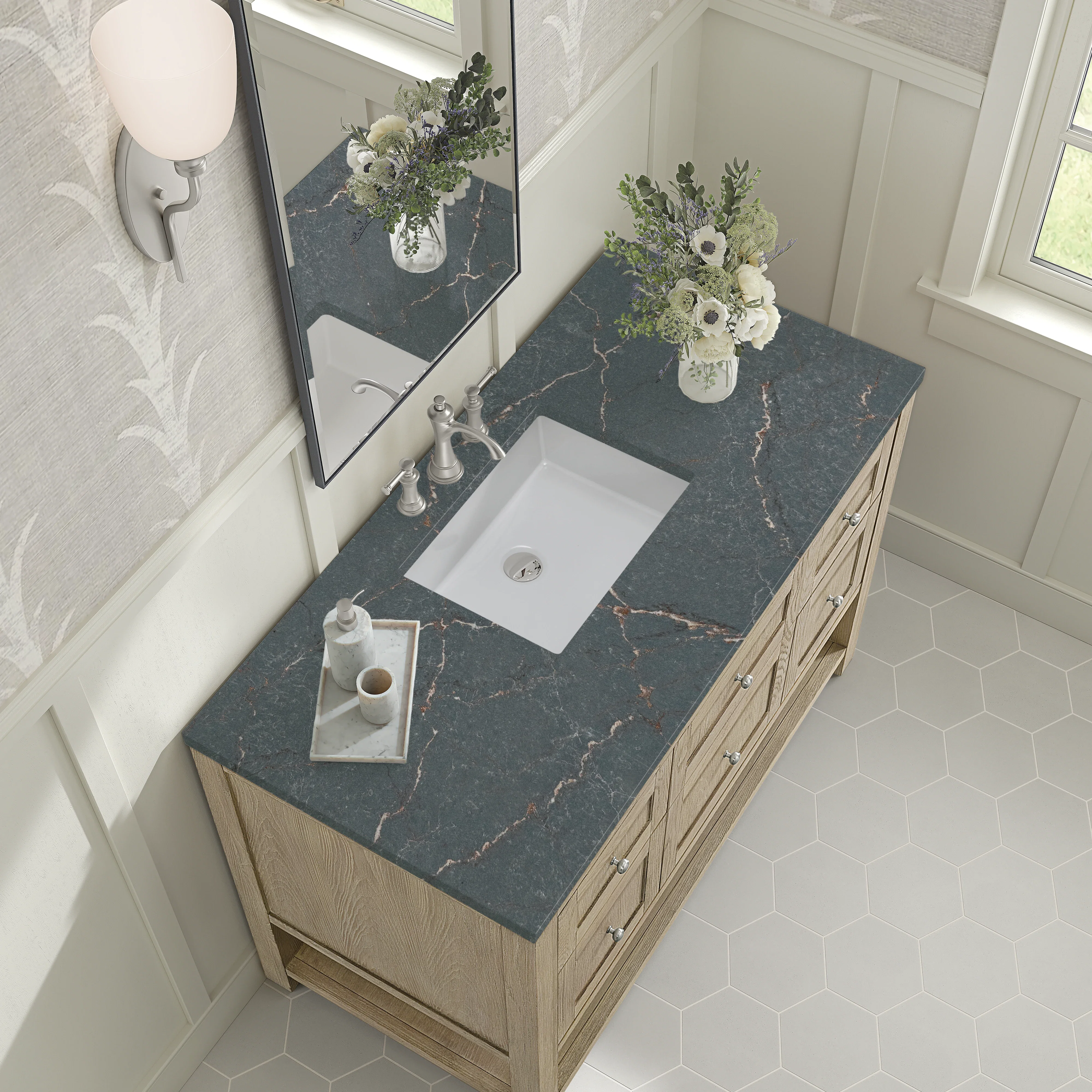 Breckenridge 48" Single Vanity, Whitewashed Oak w/ 3 CM Parisien Bleu Silestone Top