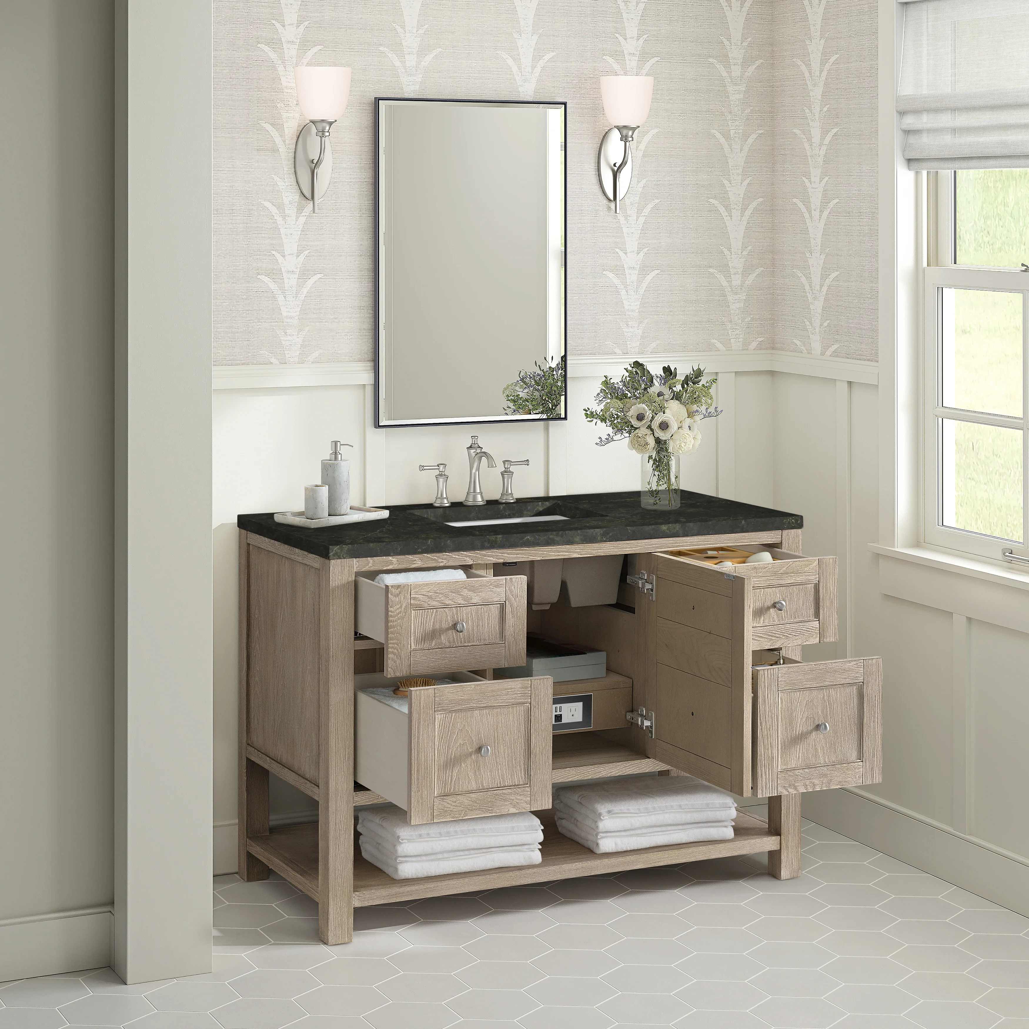 Breckenridge 48" Single Vanity, Whitewashed Oak, w/ 3 CM Phantome Eclos Top