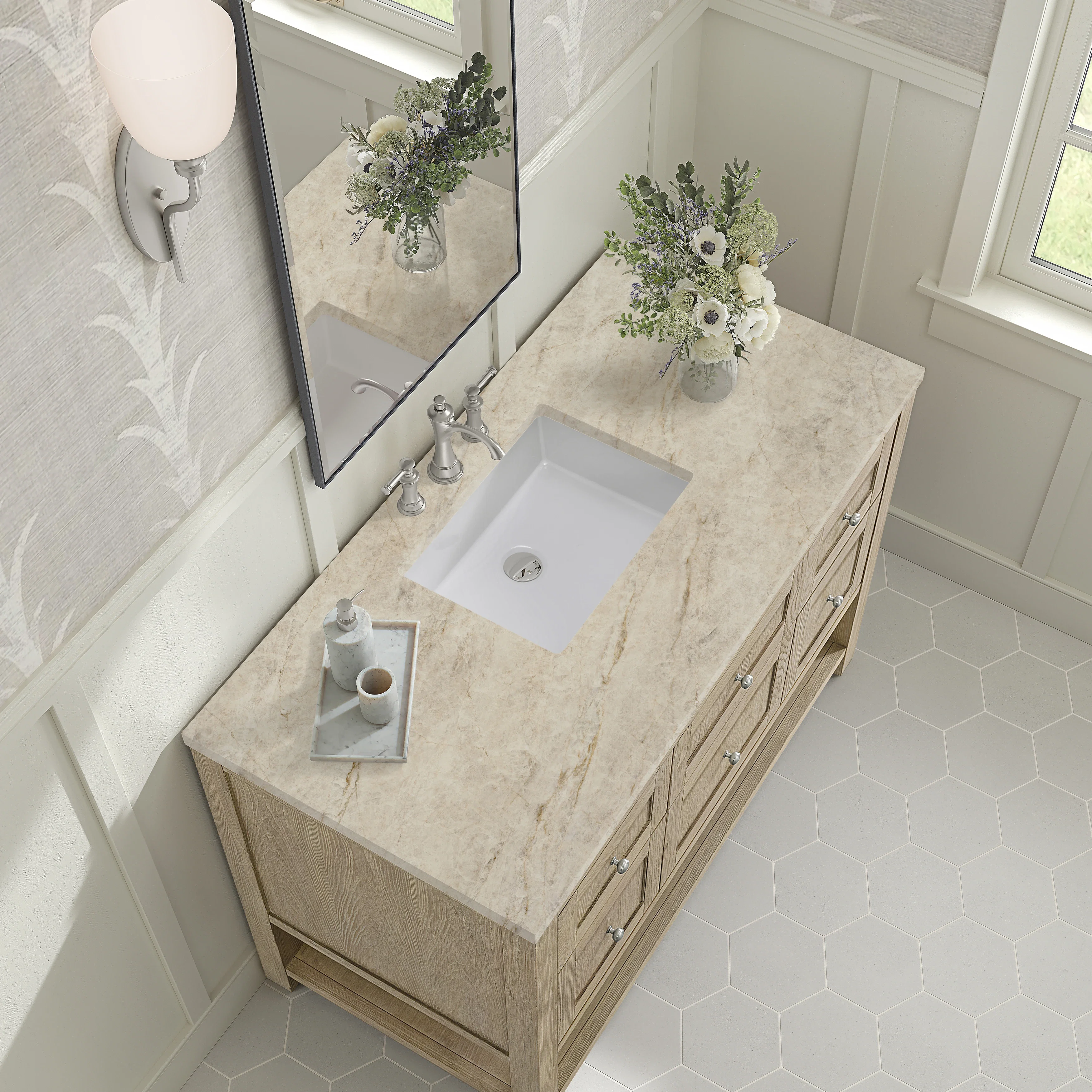 Breckenridge 48" Single Vanity, Whitewashed Oak, w/ 3 CM Tajnar Eclos Top
