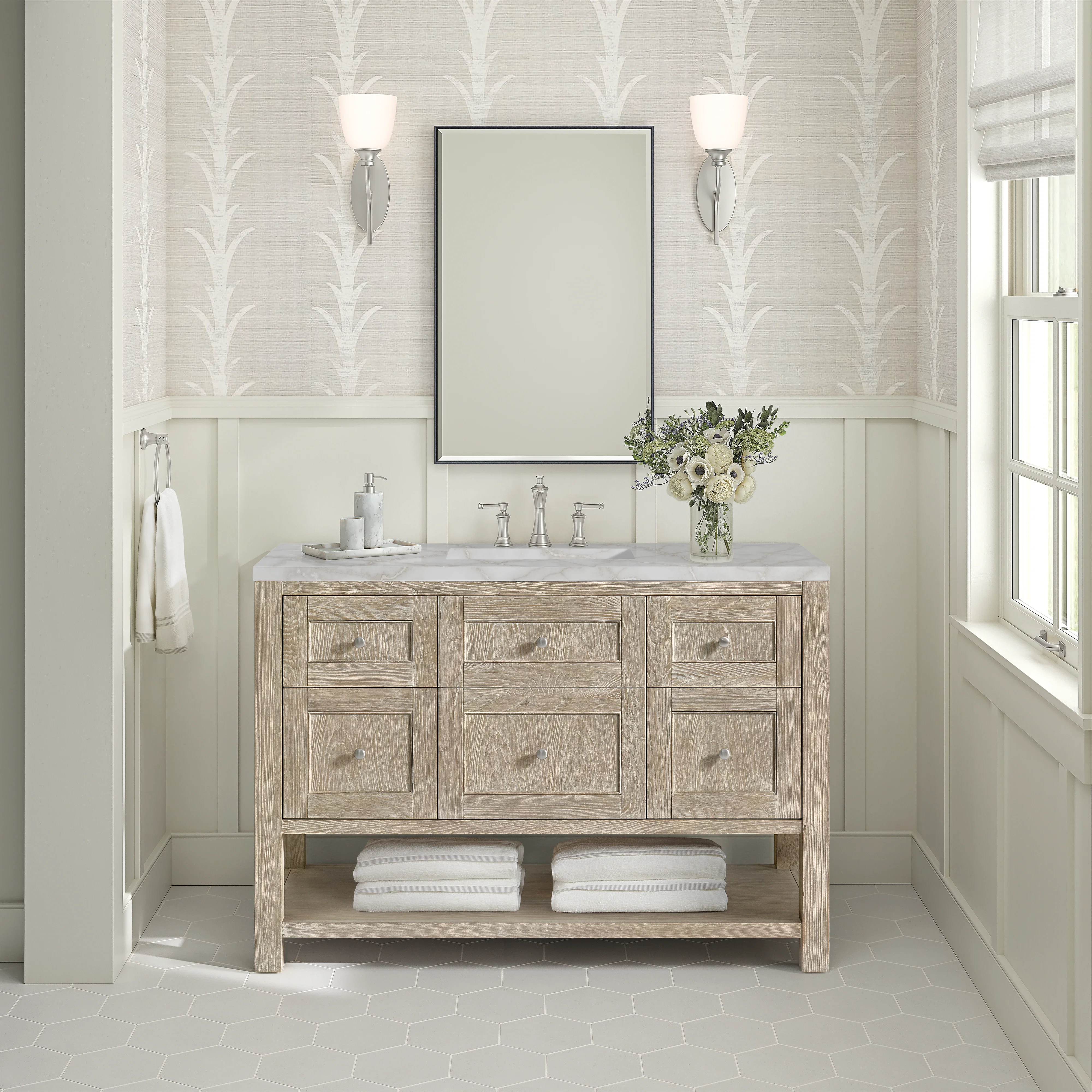 Breckenridge 48" Single Vanity, Whitewashed Oak w/ 3 CM Victorian Silver Silestone Top
