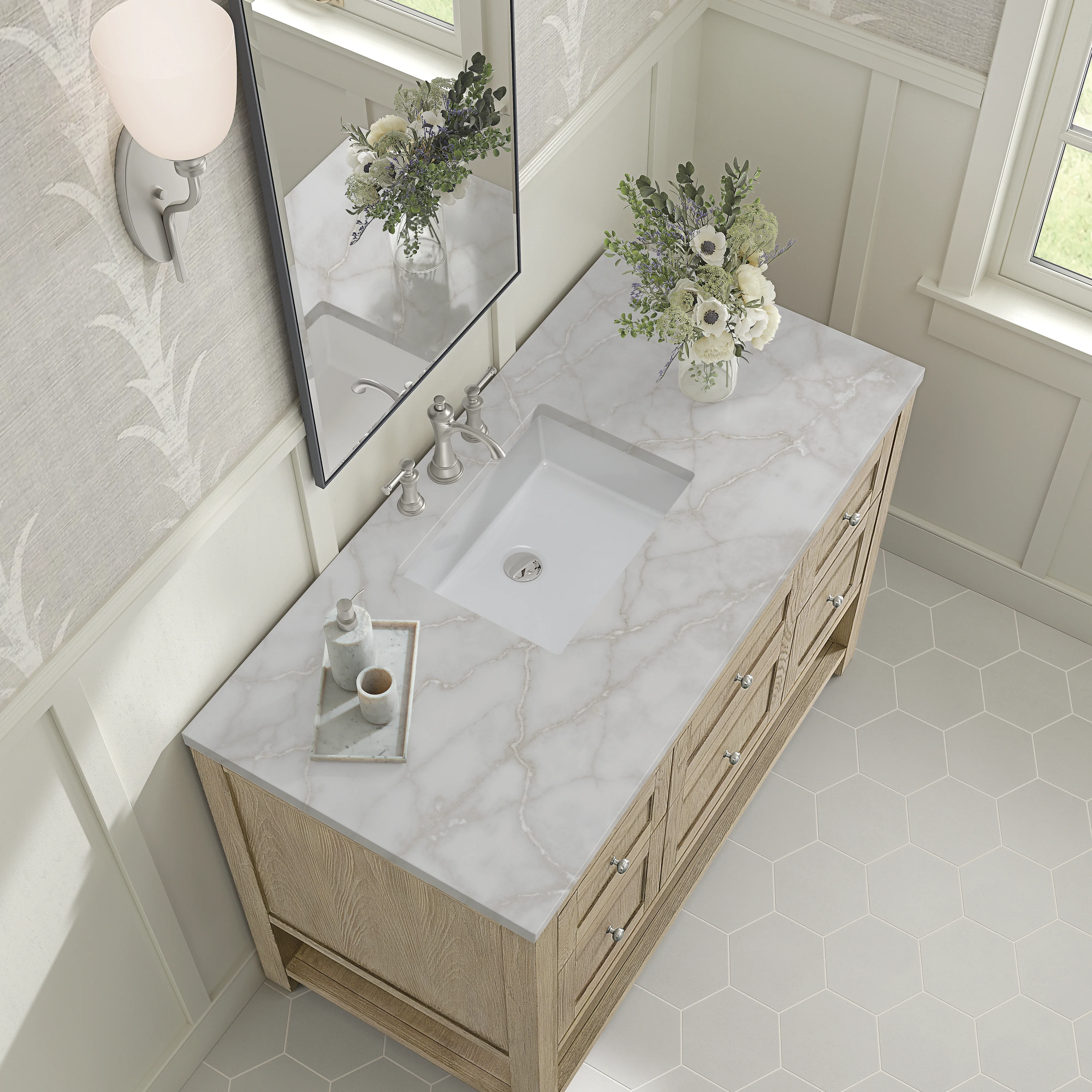 Breckenridge 48" Single Vanity, Whitewashed Oak w/ 3 CM Victorian Silver Silestone Top