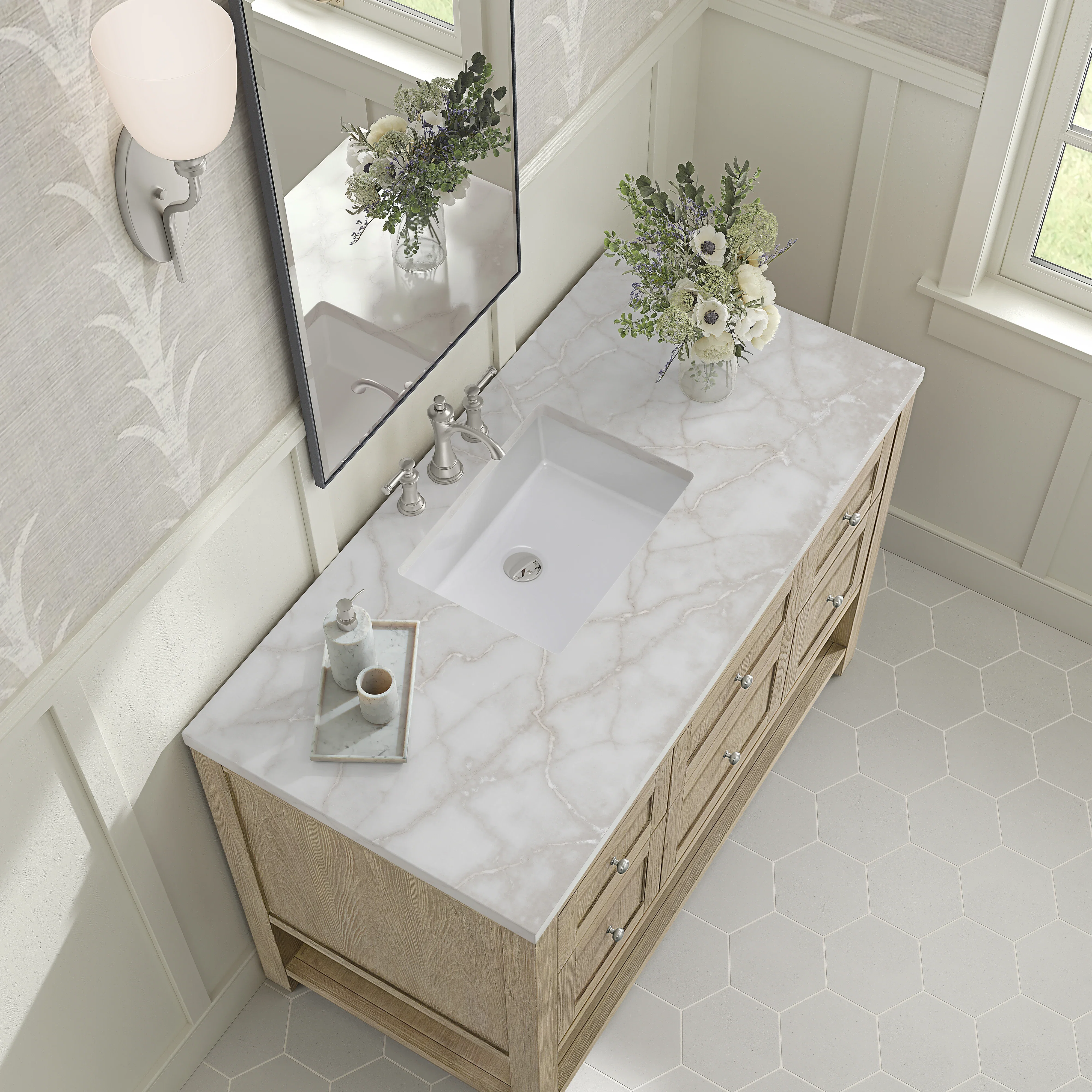 Breckenridge 48" Single Vanity, Whitewashed Oak w/ 3 CM White Zeus Silestone Top