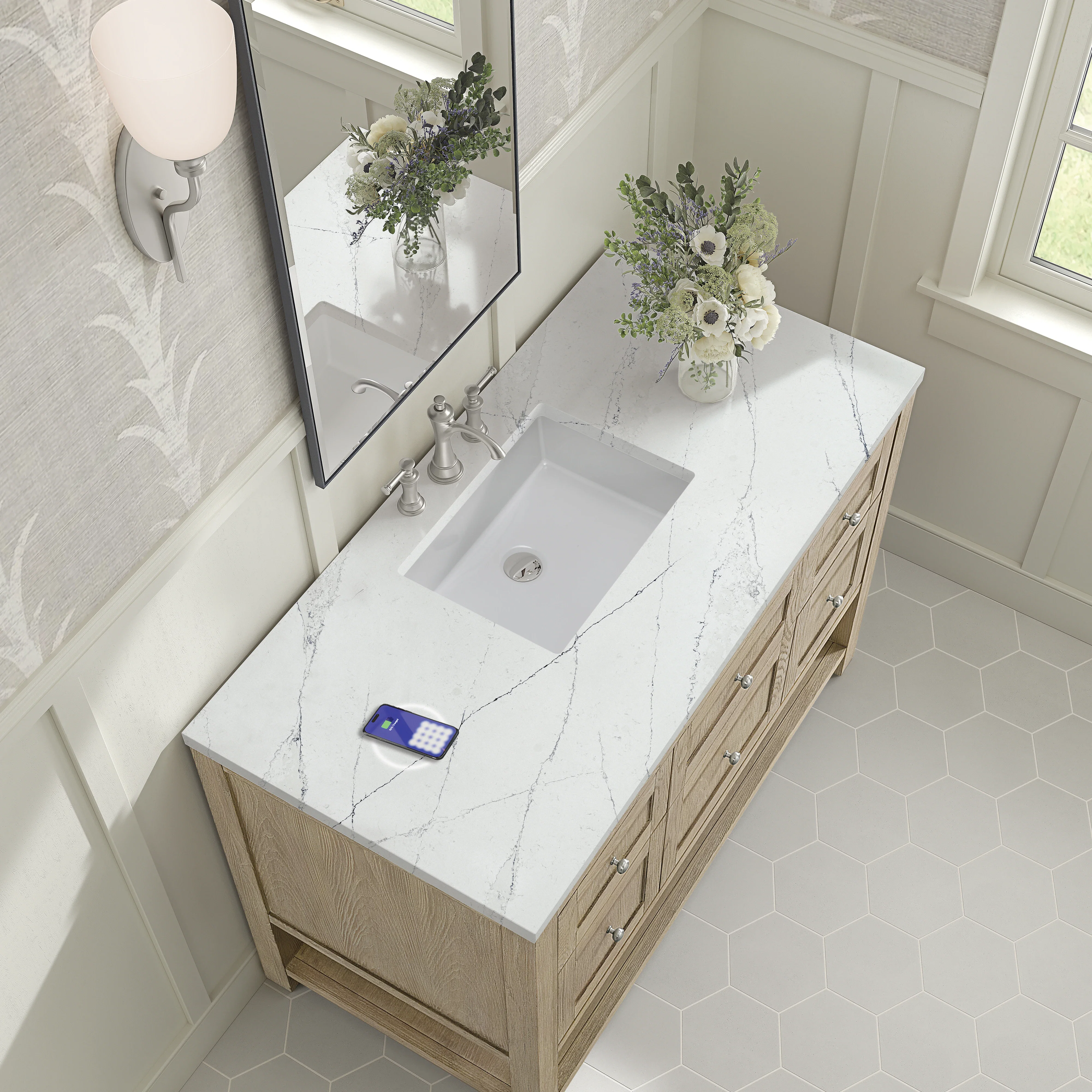 Breckenridge 48" Single Vanity, Whitewashed Oak w/ 3 CM Ethereal Noctis Silestone Top w/FreePower Wireless Charger