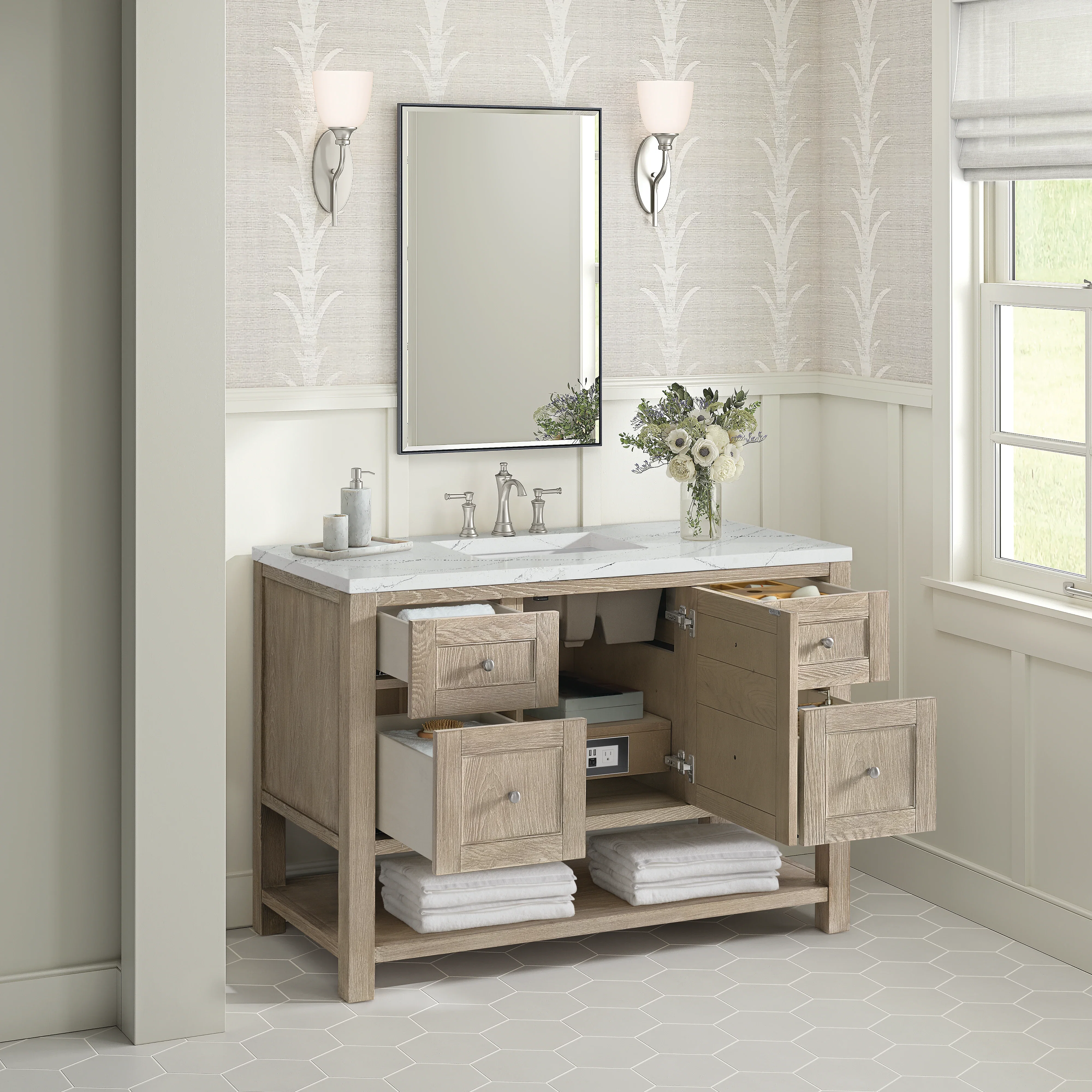 Breckenridge 48" Single Vanity, Whitewashed Oak w/ 3 CM Ethereal Noctis Silestone Top w/FreePower Wireless Charger