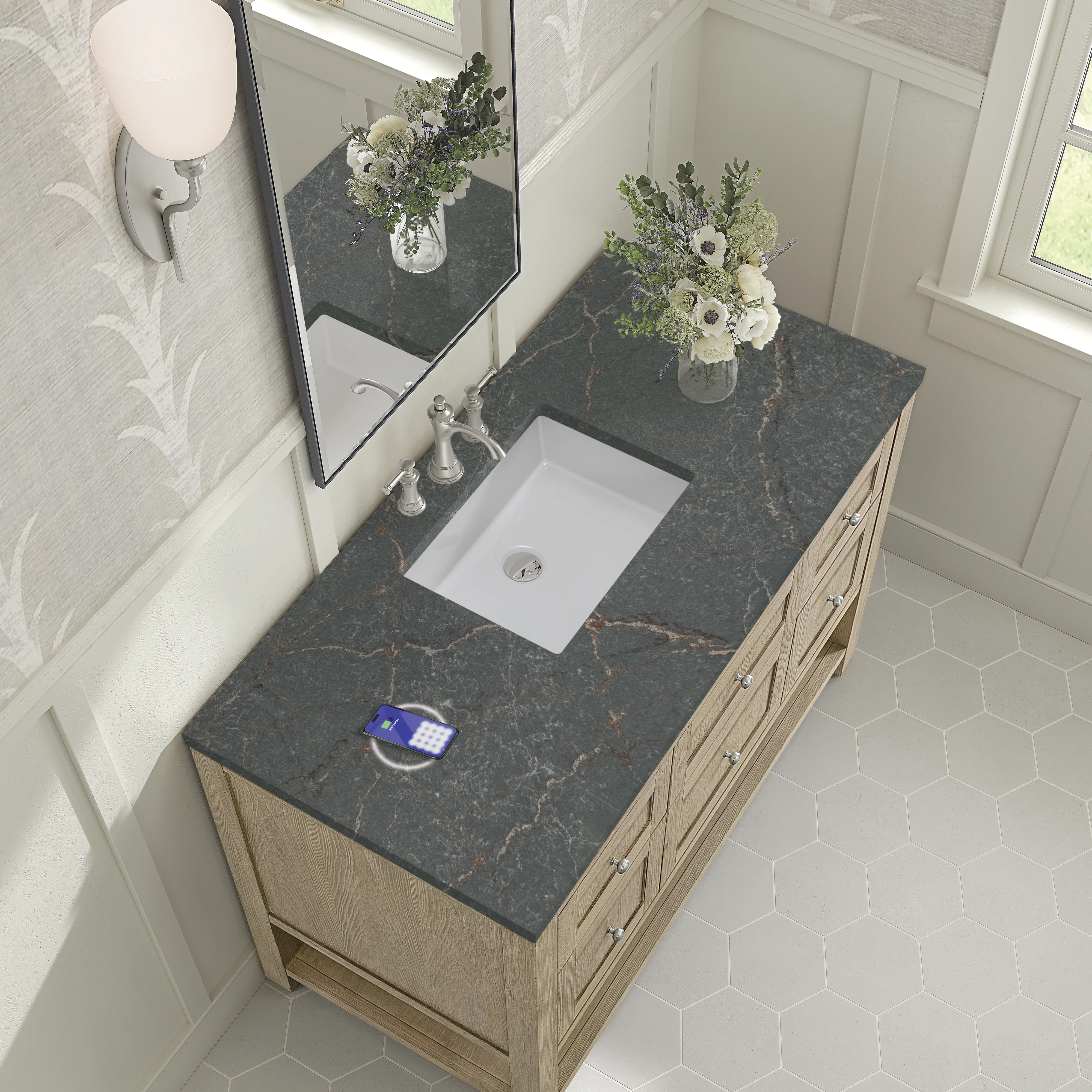 Breckenridge 48" Single Vanity, Whitewashed Oak w/ 3 CM Parisien Bleu Silestone Top w/FreePower Wireless Charger