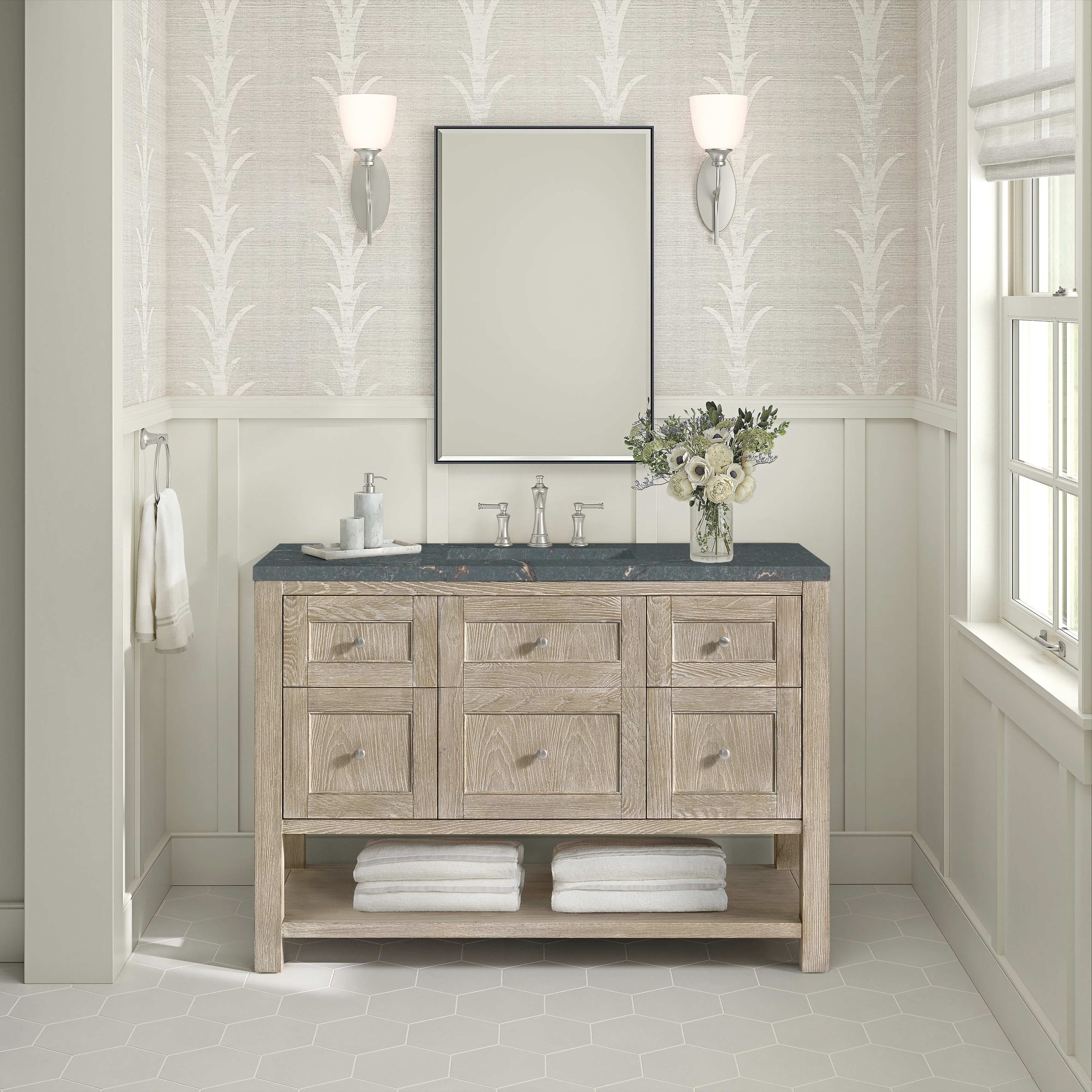 Breckenridge 48" Single Vanity, Whitewashed Oak w/ 3 CM Parisien Bleu Silestone Top w/FreePower Wireless Charger