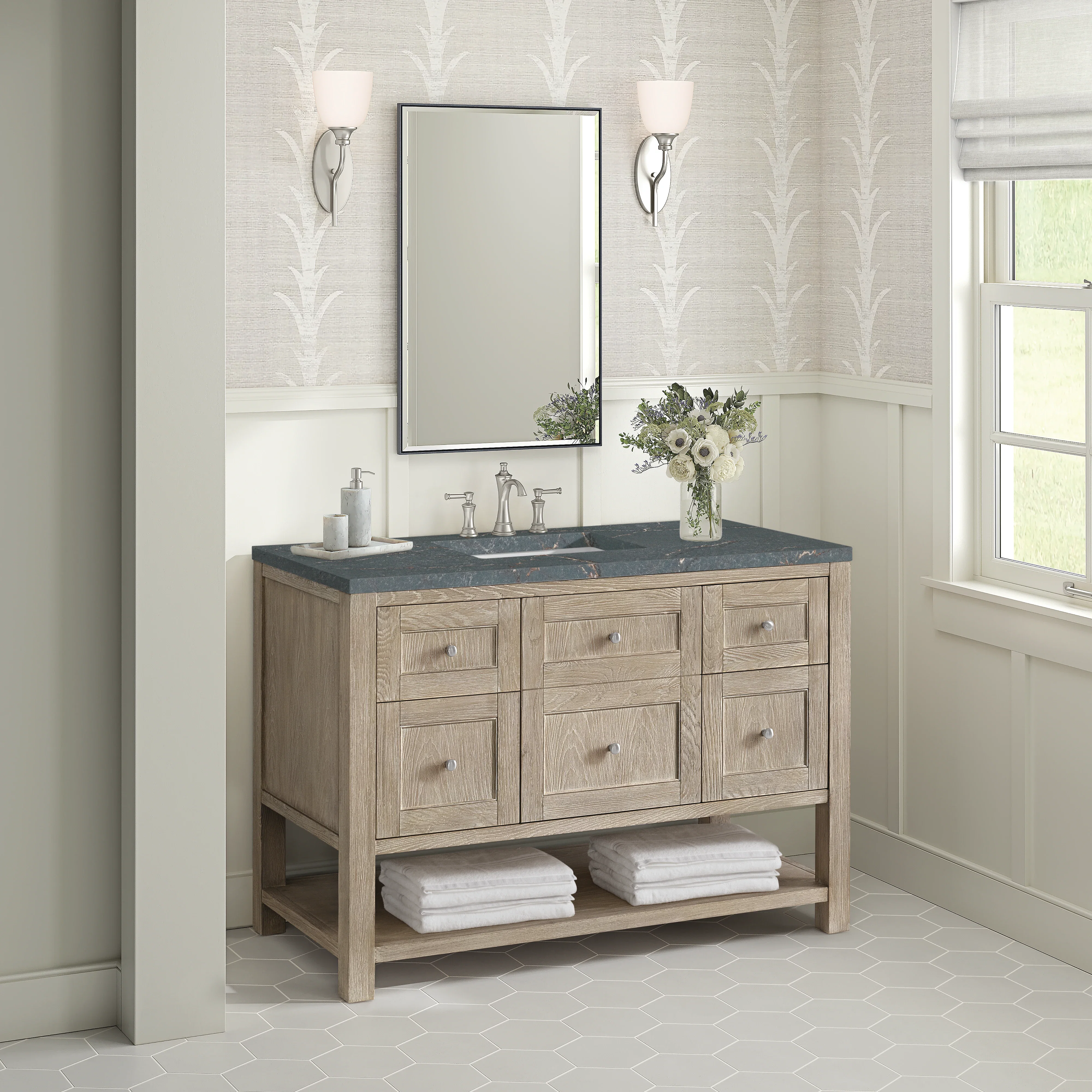 Breckenridge 48" Single Vanity, Whitewashed Oak w/ 3 CM Parisien Bleu Silestone Top w/FreePower Wireless Charger