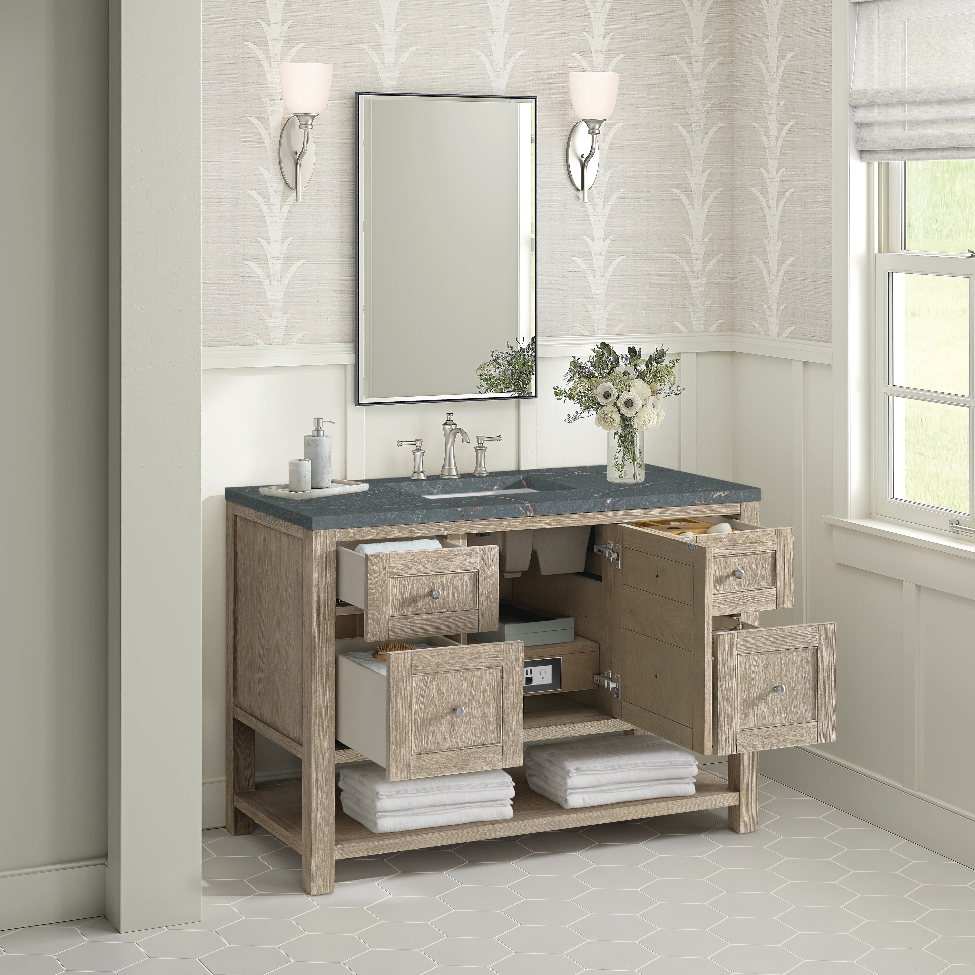 Breckenridge 48" Single Vanity, Whitewashed Oak w/ 3 CM Parisien Bleu Silestone Top w/FreePower Wireless Charger