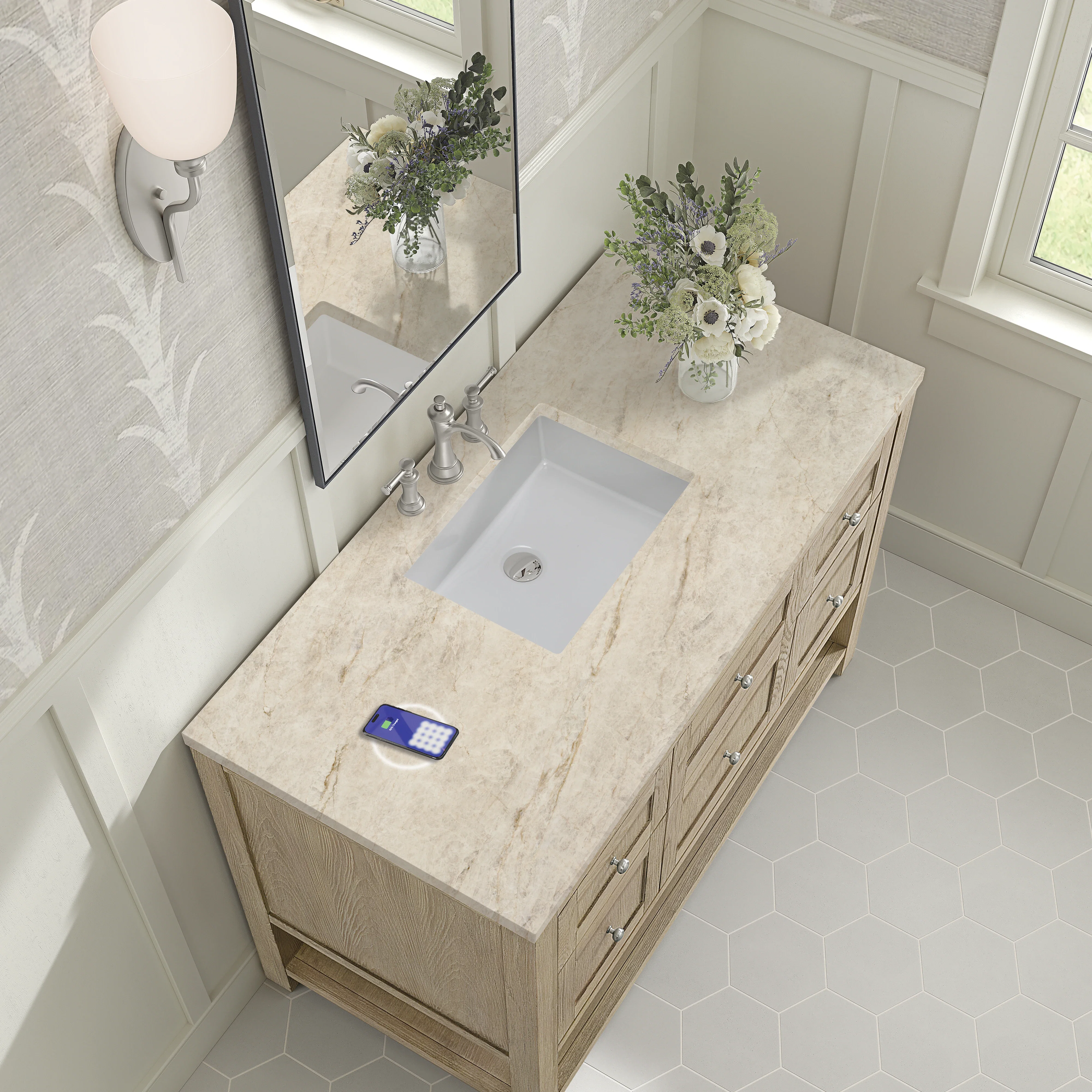 Breckenridge 48" Single Vanity, Whitewashed Oak, w/ 3 CM Tajnar Eclos Top w/FreePower Wireless Charger
