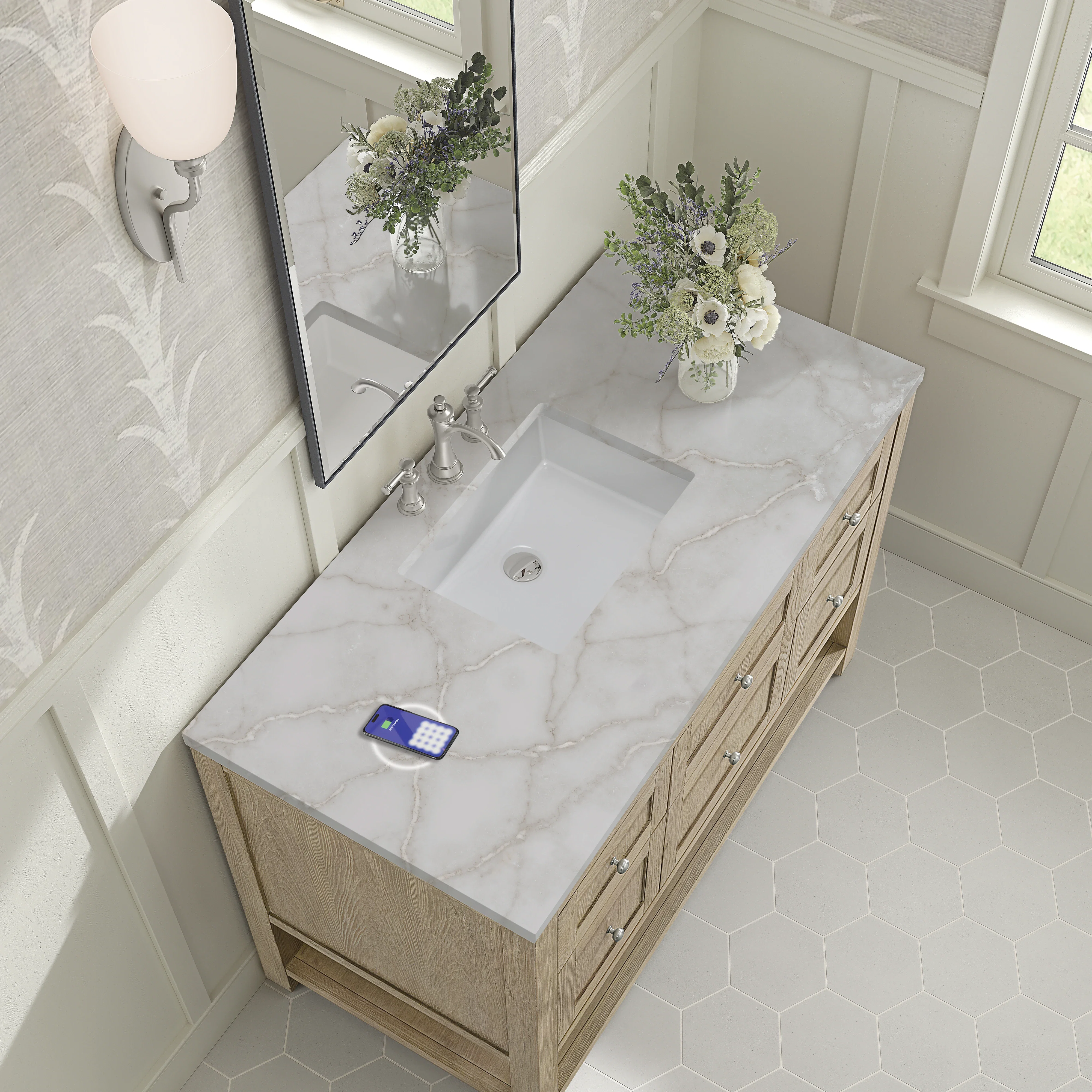 Breckenridge 48" Single Vanity, Whitewashed Oak w/ 3 CM Victorian Silver Silestone Top w/FreePower Wireless Charger