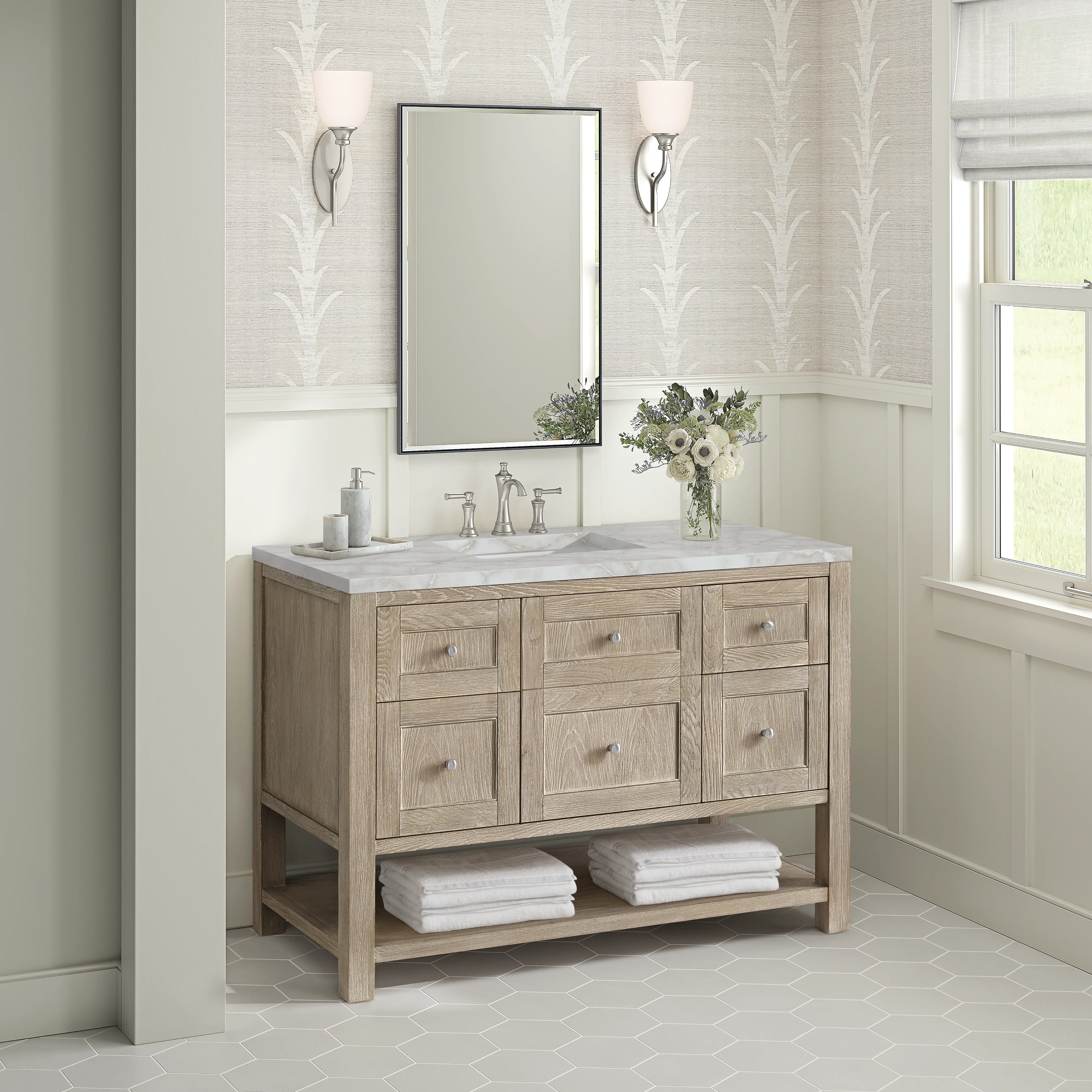 Breckenridge 48" Single Vanity, Whitewashed Oak w/ 3 CM Victorian Silver Silestone Top w/FreePower Wireless Charger