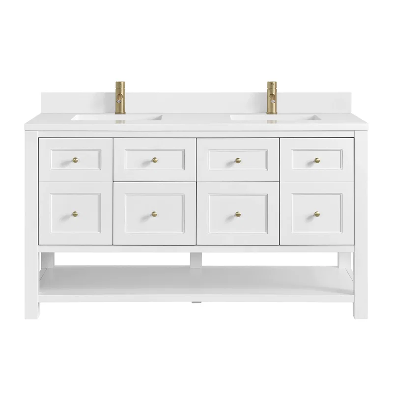 Breckenridge 60" Double Vanity, Bright White, w/ Single Hole 3 CM White Zeus Quartz Top & Backsplash