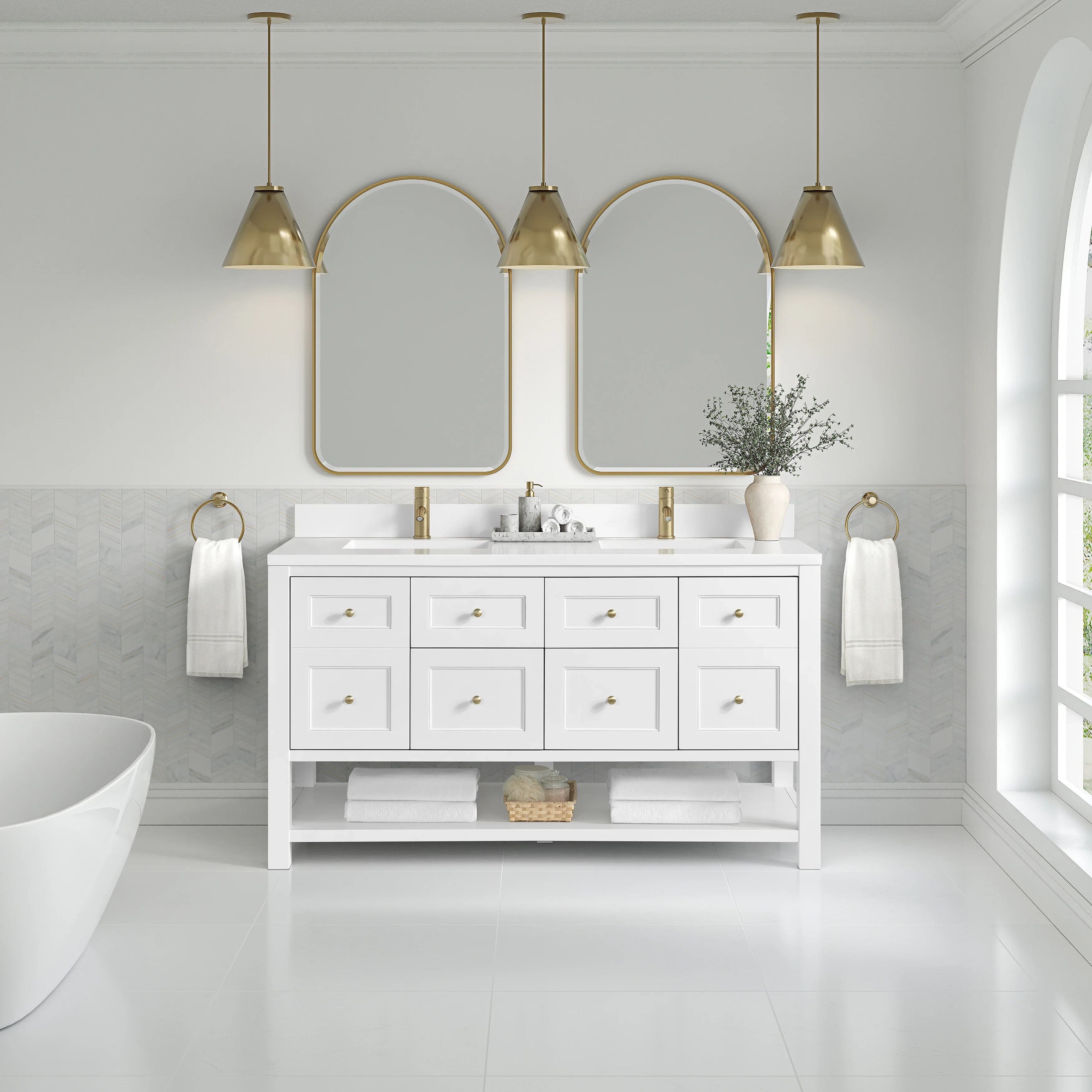 Breckenridge 60" Double Vanity, Bright White, w/ Single Hole 3 CM White Zeus Quartz Top & Backsplash