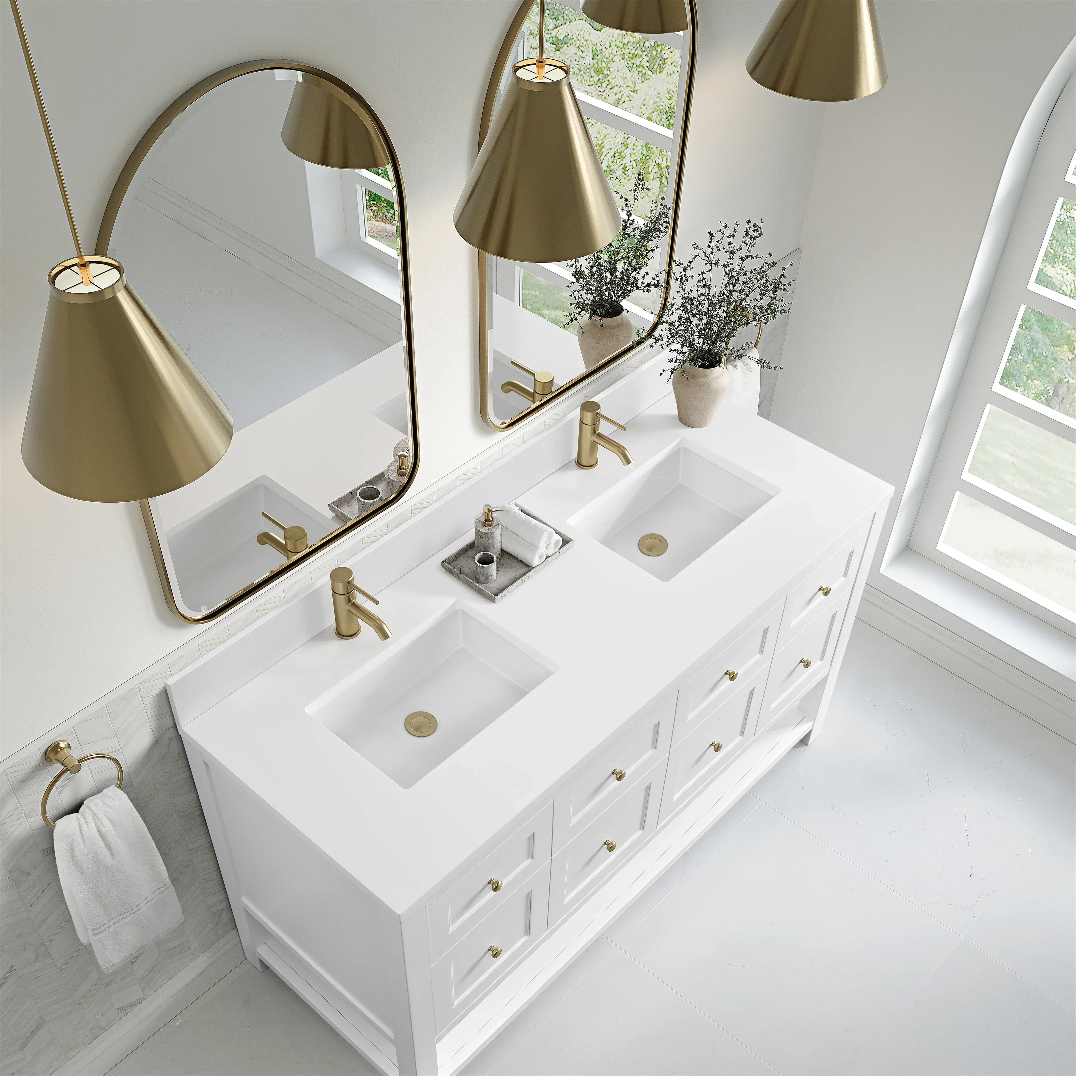 Breckenridge 60" Double Vanity, Bright White, w/ Single Hole 3 CM White Zeus Quartz Top & Backsplash