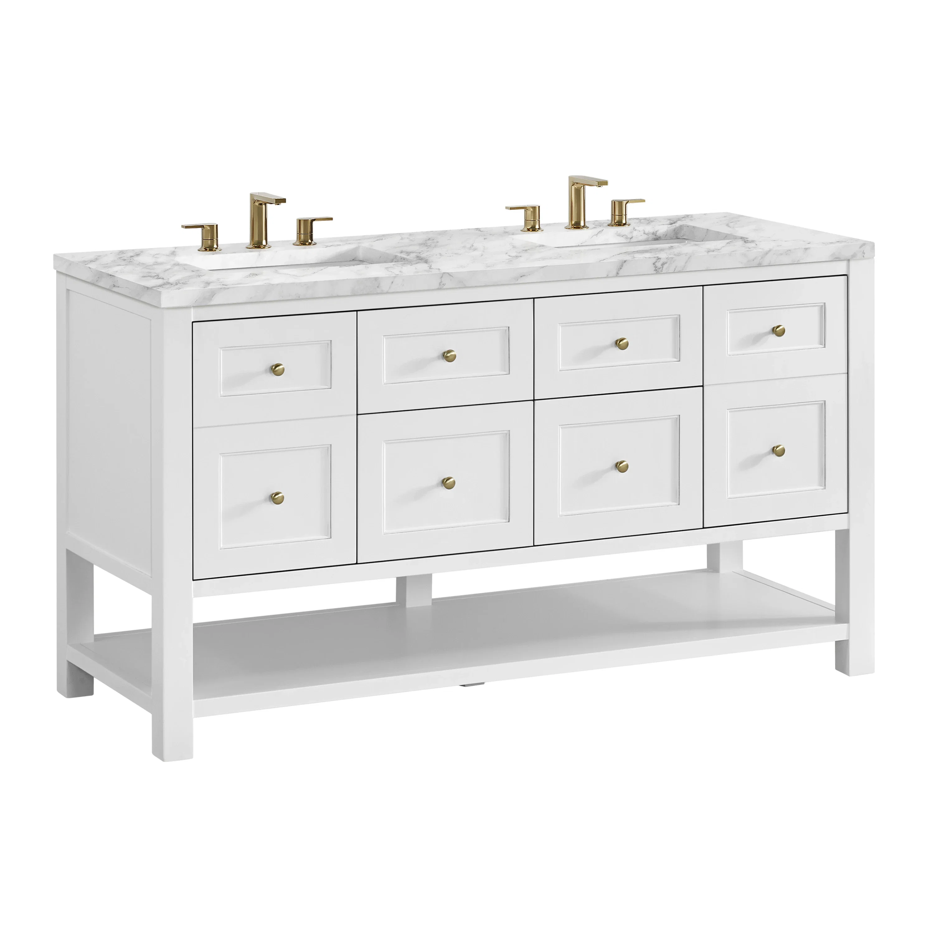 Breckenridge 60" Double Vanity, Bright White, w/ 3 CM Carrara Marble Top