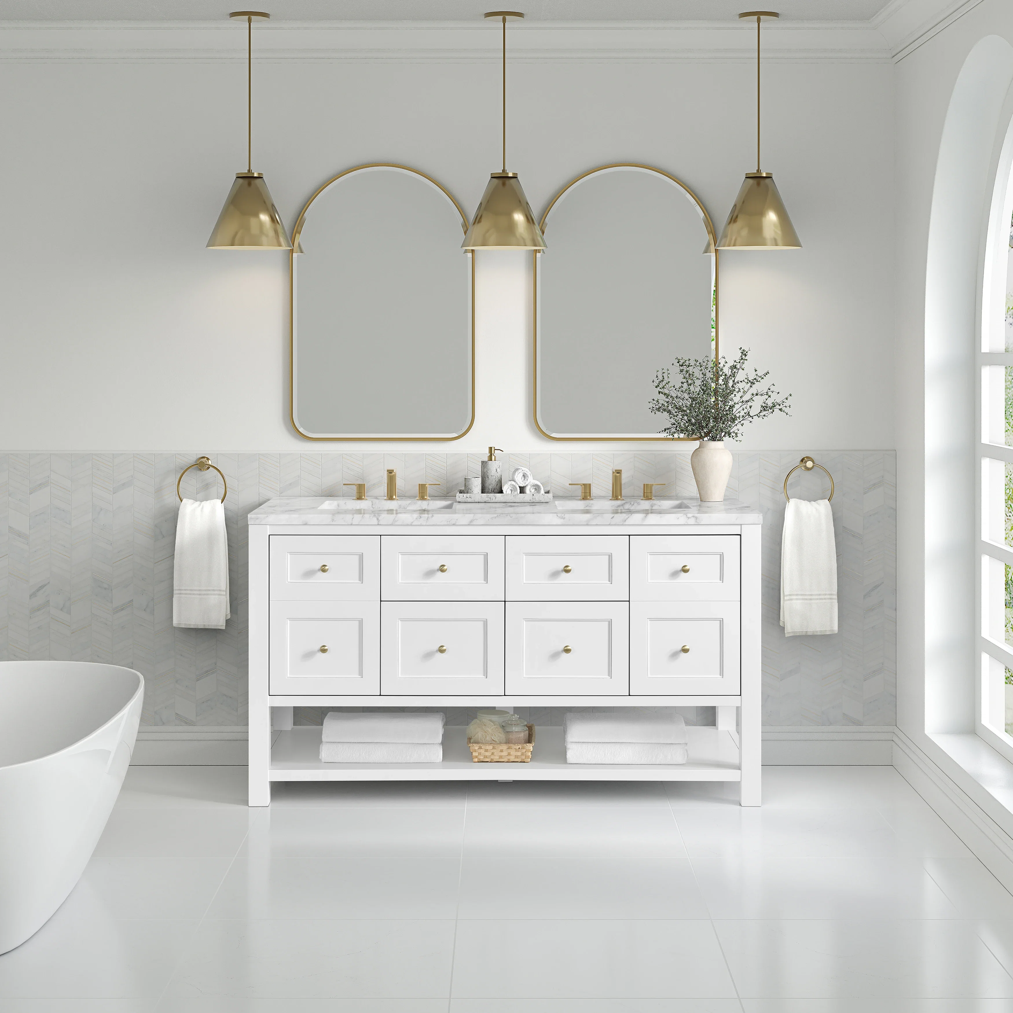 Breckenridge 60" Double Vanity, Bright White, w/ 3 CM Carrara Marble Top
