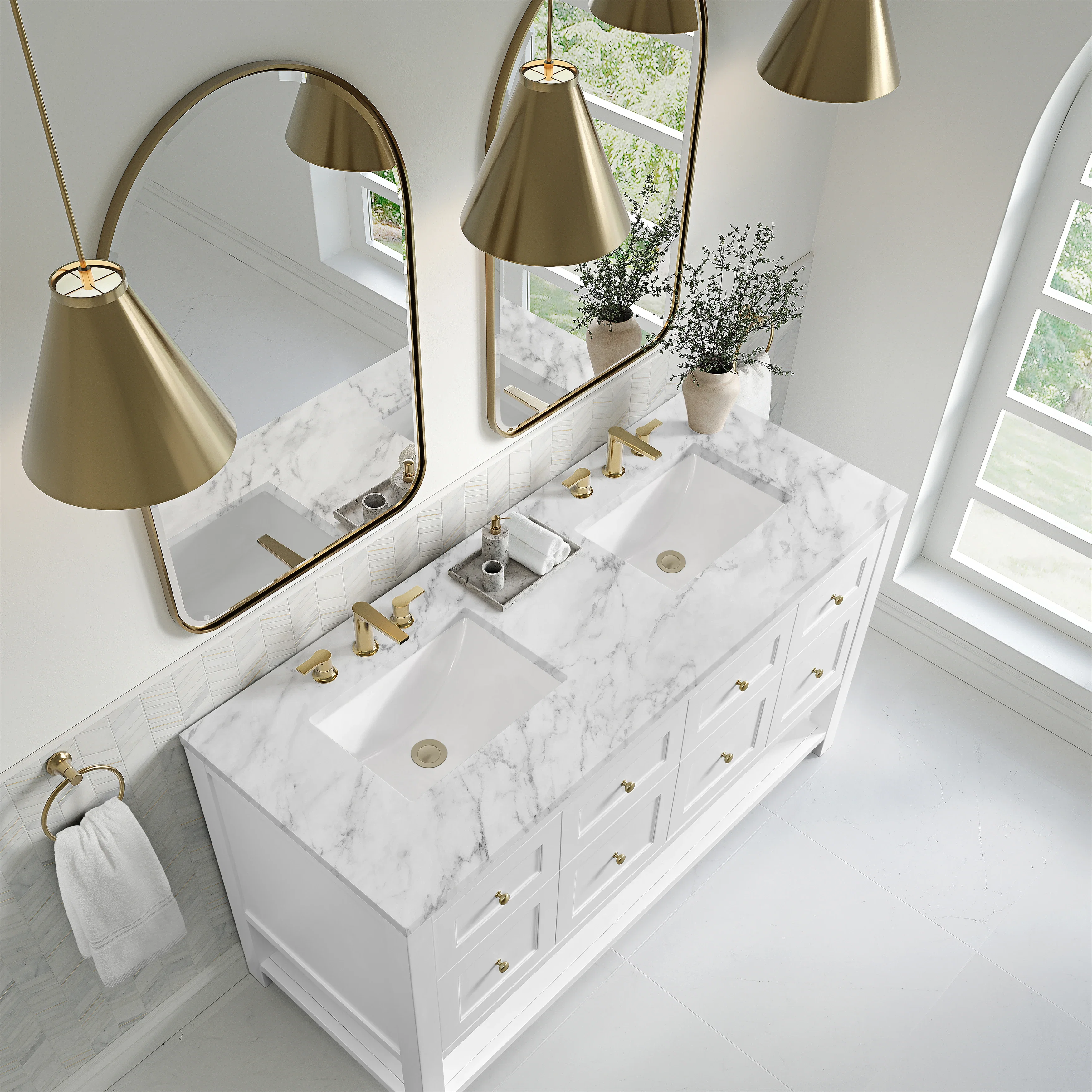 Breckenridge 60" Double Vanity, Bright White, w/ 3 CM Carrara Marble Top
