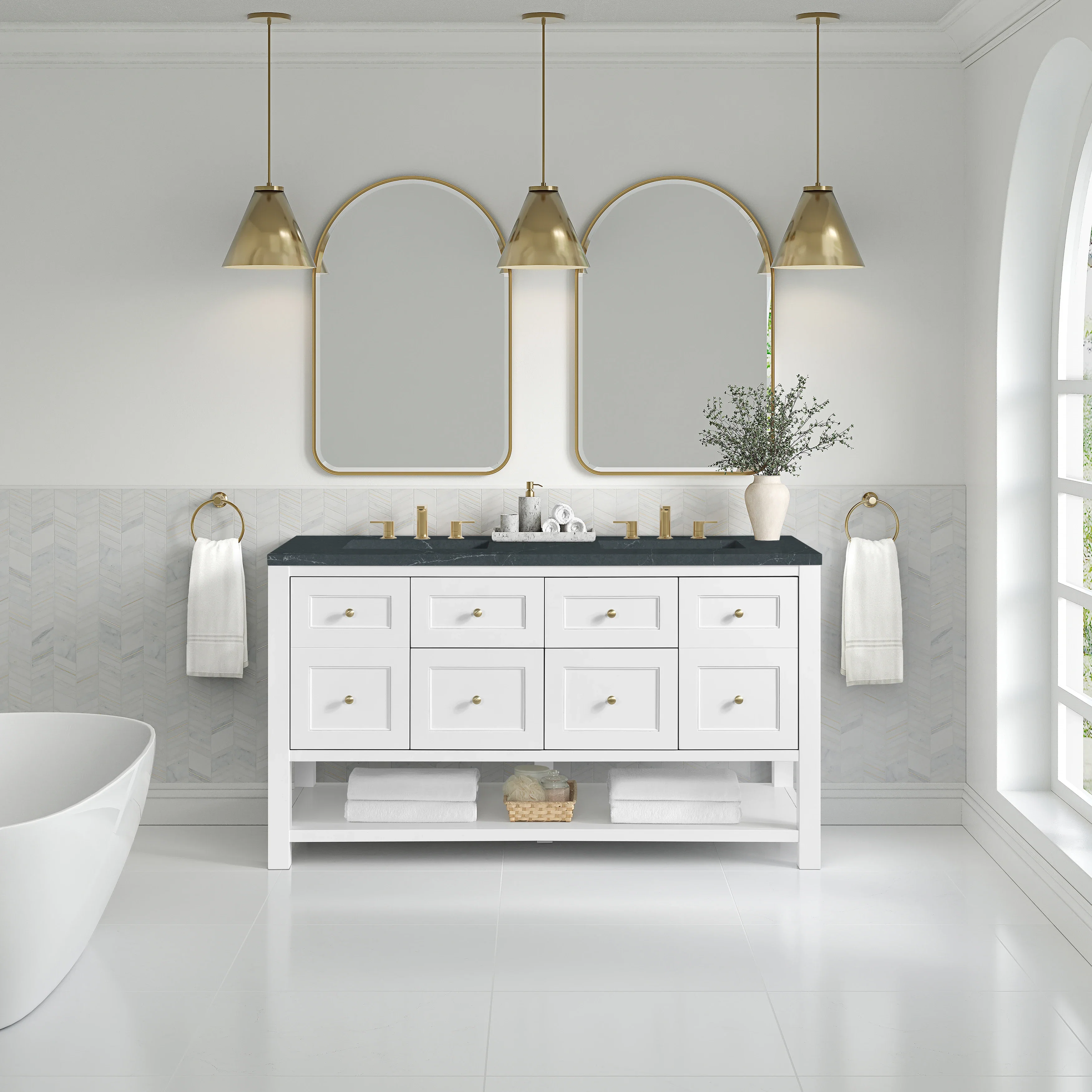 Breckenridge 60" Double Vanity, Bright White, w/ 3 CM Charcoal Soapstone Quartz Top