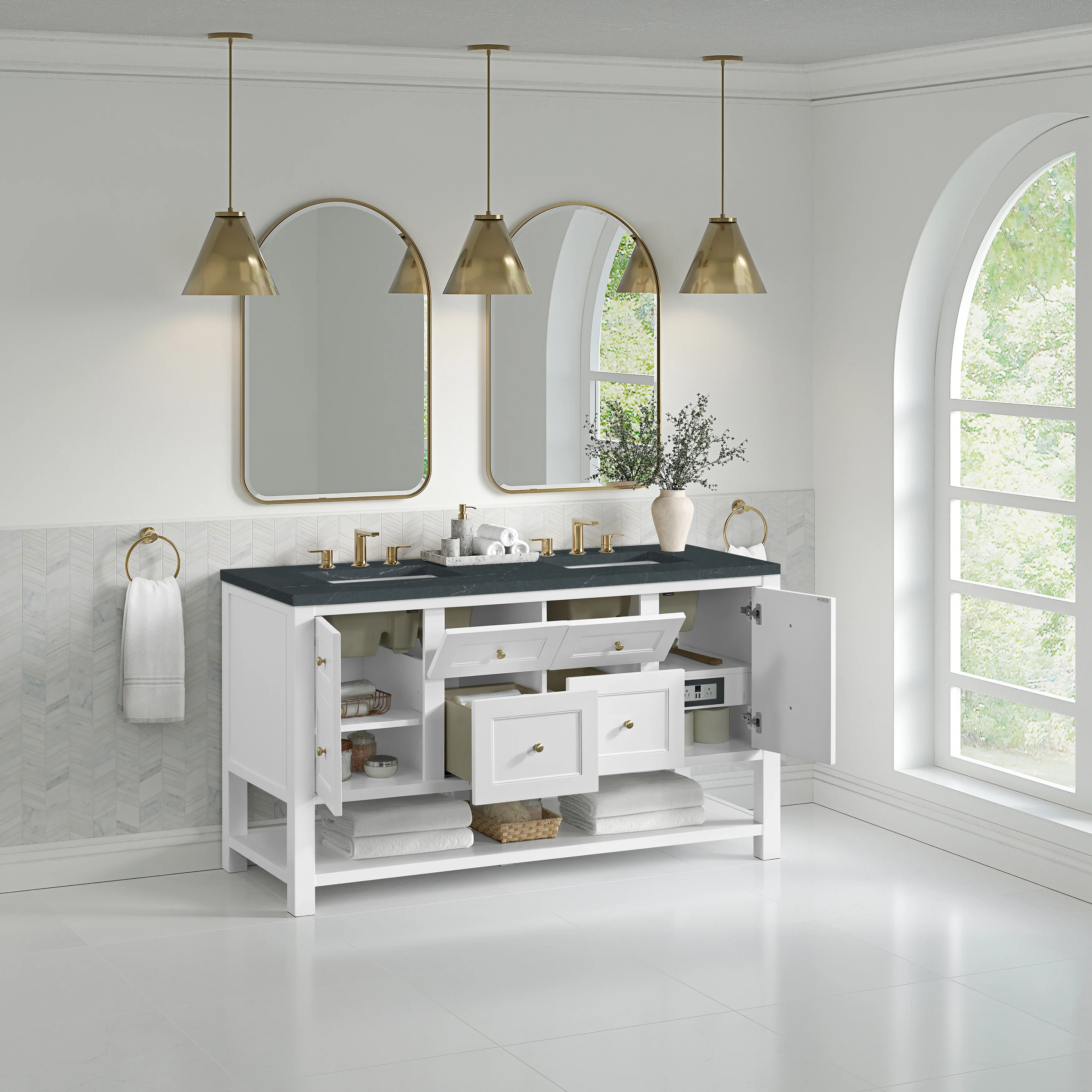 Breckenridge 60" Double Vanity, Bright White, w/ 3 CM Charcoal Soapstone Quartz Top