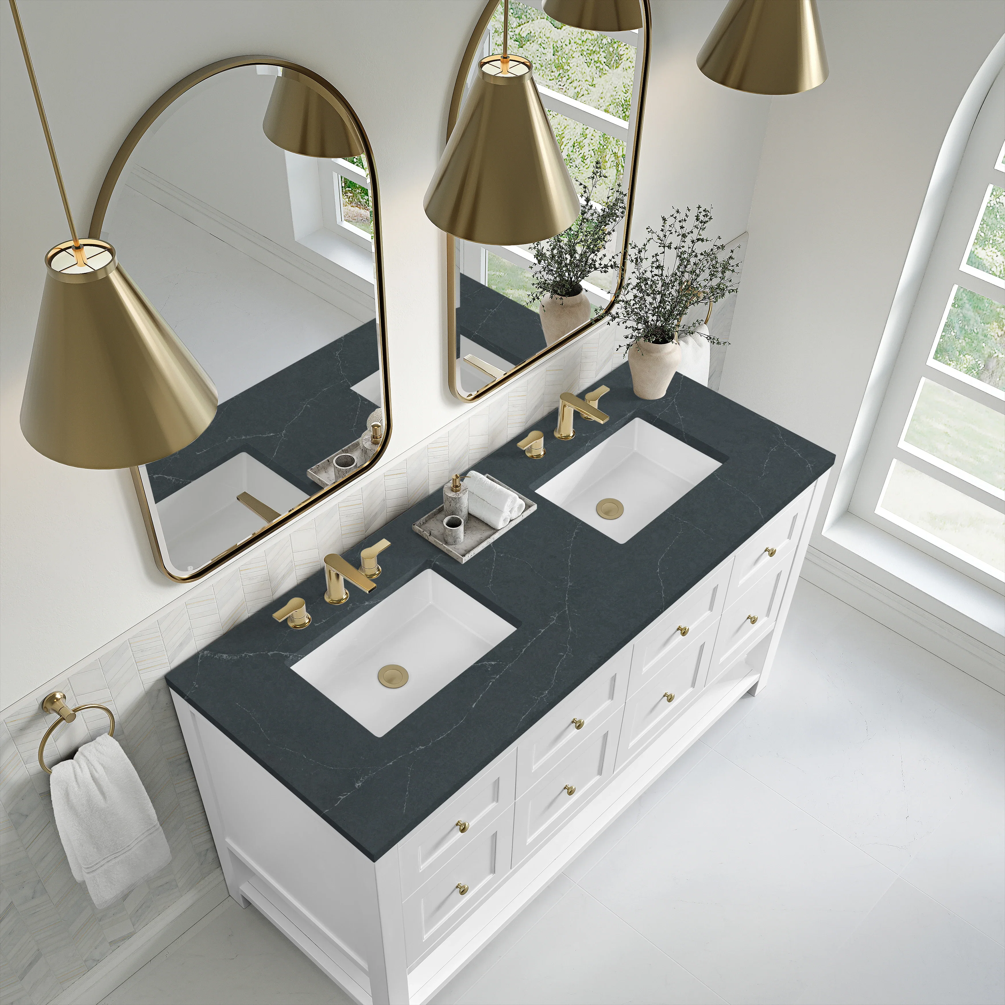 Breckenridge 60" Double Vanity, Bright White, w/ 3 CM Charcoal Soapstone Quartz Top