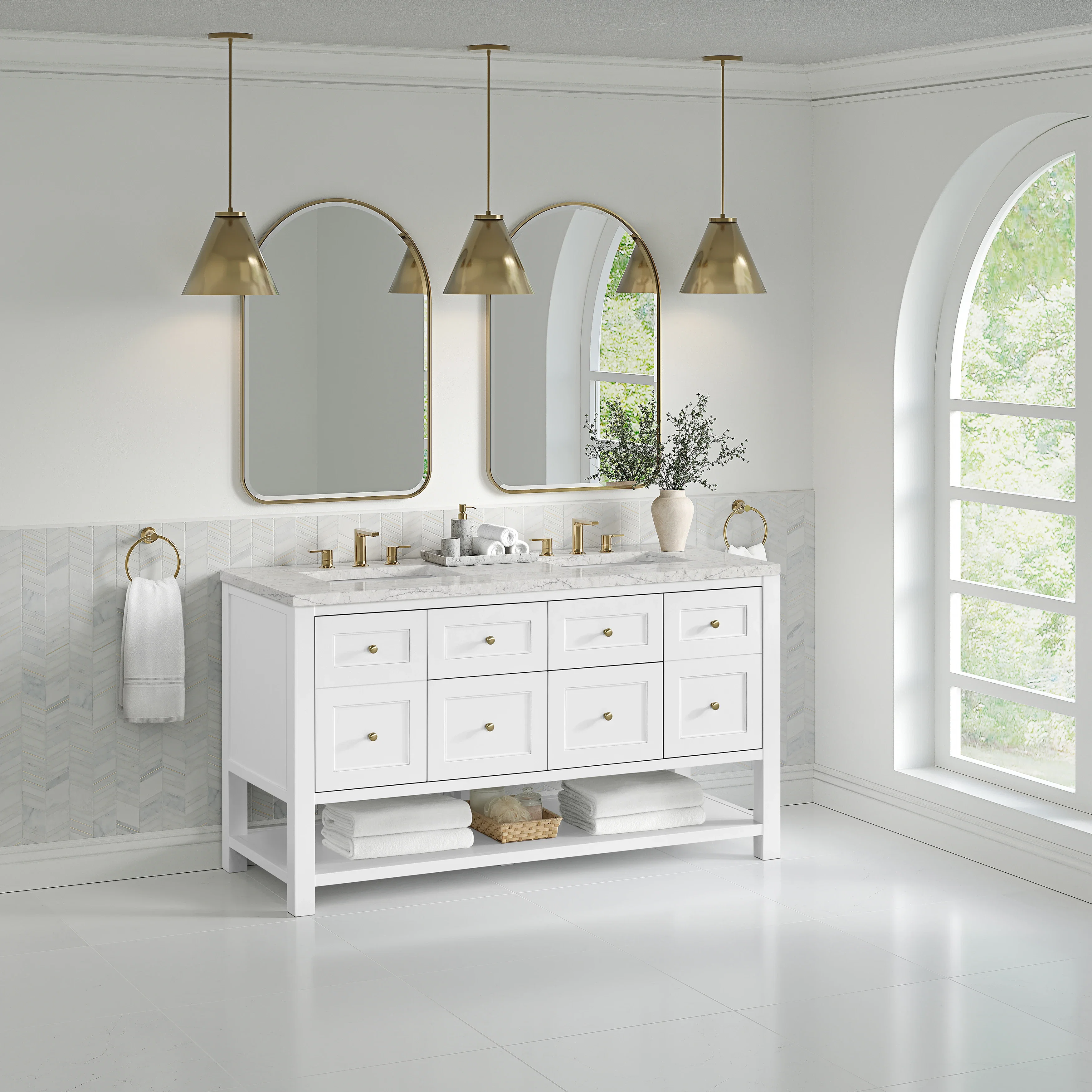 Breckenridge 60" Double Vanity, Bright White, w/ 3 CM Eternal Jasmine Pearl Quartz Top