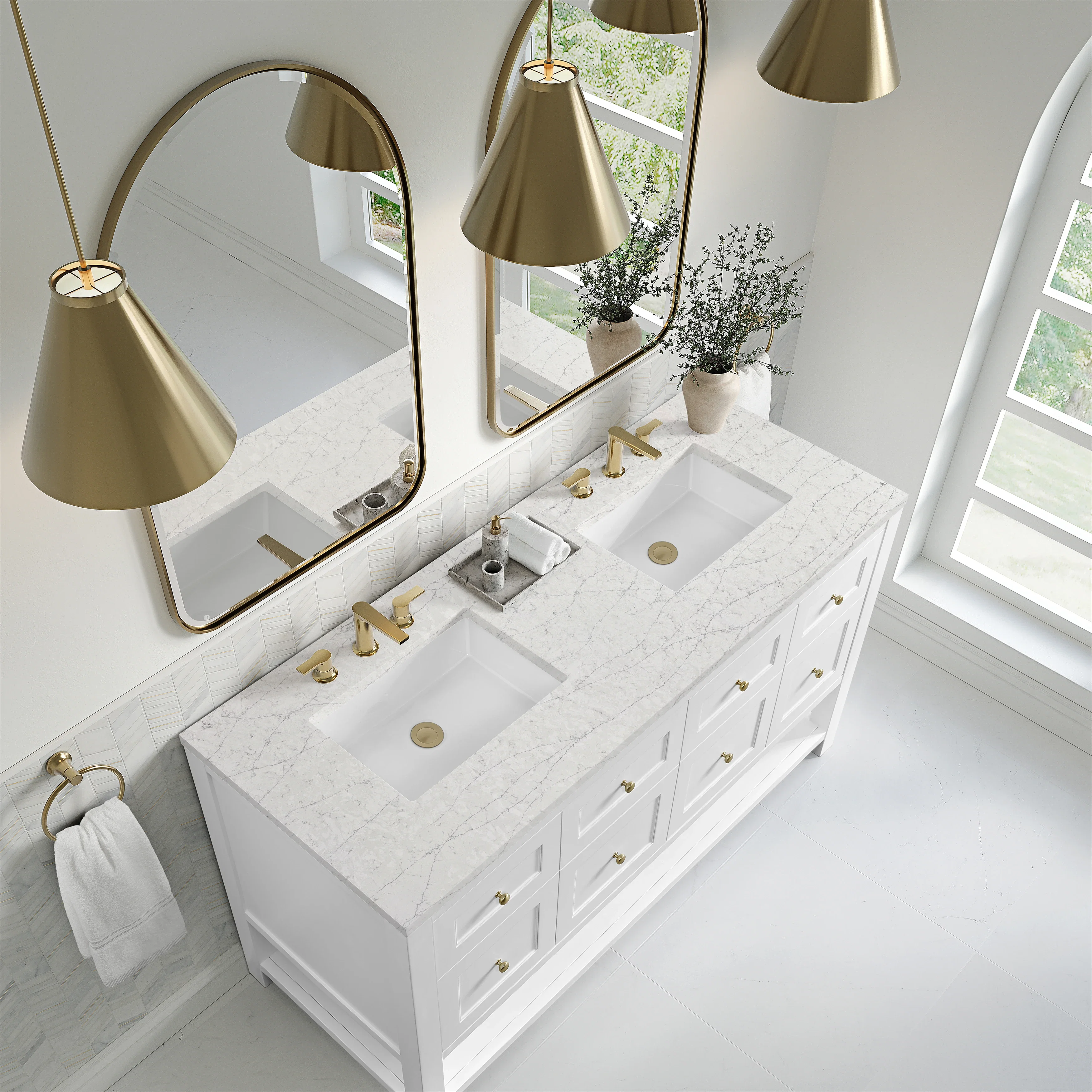 Breckenridge 60" Double Vanity, Bright White, w/ 3 CM Eternal Jasmine Pearl Quartz Top